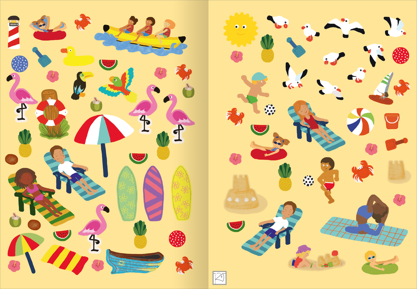 Gezeigt wird eine Innen- oder Zusatzansicht von „Erstes Stickern – Am Meer“. Die Seite zeigt eine lebhafte Gestaltung in warmen Gelbtönen, gefüllt mit bunten Illustrationen von Urlaubsszenen. Auffällige Elemente sind unter anderem Flamingos, Surfbretter, Sonnen, Krabben und Schwimmtierchen. Menschen entspannen unter einem Sonnenschirm oder auf Liegen, während verschiedene nautische Symbole und Obststücke, wie Wassermelonen, die Szene ergänzen. Die fröhliche Typografie unterstützt...