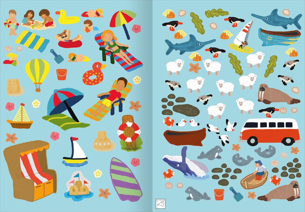 Gezeigt wird eine Innen- oder Zusatzansicht von „Erstes Stickern – Am Meer“. Die Illustration zeigt eine farbenfrohe Ansammlung von Stickern, die Strand- und Meeresszenen darstellen. Auf hellem, blauem Hintergrund sind Elemente wie Sonnenschirme, Boote, Seesterne und verschiedene Tiere abgebildet. Die Farben sind lebhaft, mit kräftigem Rot, Gelb und Grün. Die Typografie ist klar und kindgerecht gestaltet, um die Jungendlichkeit und Verspieltheit des Themas zu unterstreichen.