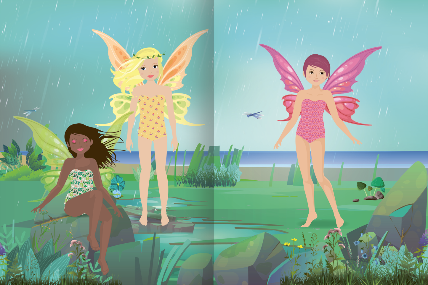 Gezeigt wird eine Innen- oder Zusatzansicht von „Sticker-Anziehpuppen Metallic – Im Feenreich“. Die Illustration zeigt drei Feen in einem idyllischen Naturambiente. Links sitzt eine Fee mit dunkler Haut und buntem Outfit, während rechts zwei weitere Feen stehen, eine mit blonden Haaren in gelbem Badeanzug und die andere mit pinken Haaren. Der Hintergrund ist in sanften Grüntönen gehalten und zeigt einen verregneten Tag am Strand.