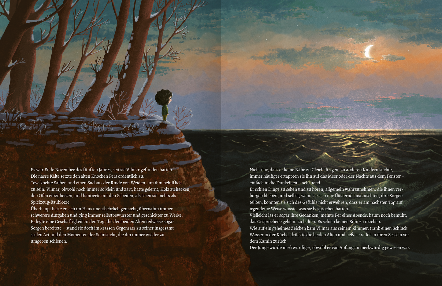Gezeigt wird eine Innen- oder Zusatzansicht von „Der Verwechsling“. Die Illustration zeigt eine steile Klippe mit einem einzelnen Baum, umgeben von kahlen Bäumen. Im Hintergrund reflektiert das Wasser des Meeres sanft das Licht eines verblassenden Sonnenuntergangs mit sanften Orange- und Blautönen. Die Typografie ist gut lesbar, mit klaren, eleganten Schriftzügen, die den Text in geschwungener Anordnung um die Bildkomposition anordnet.