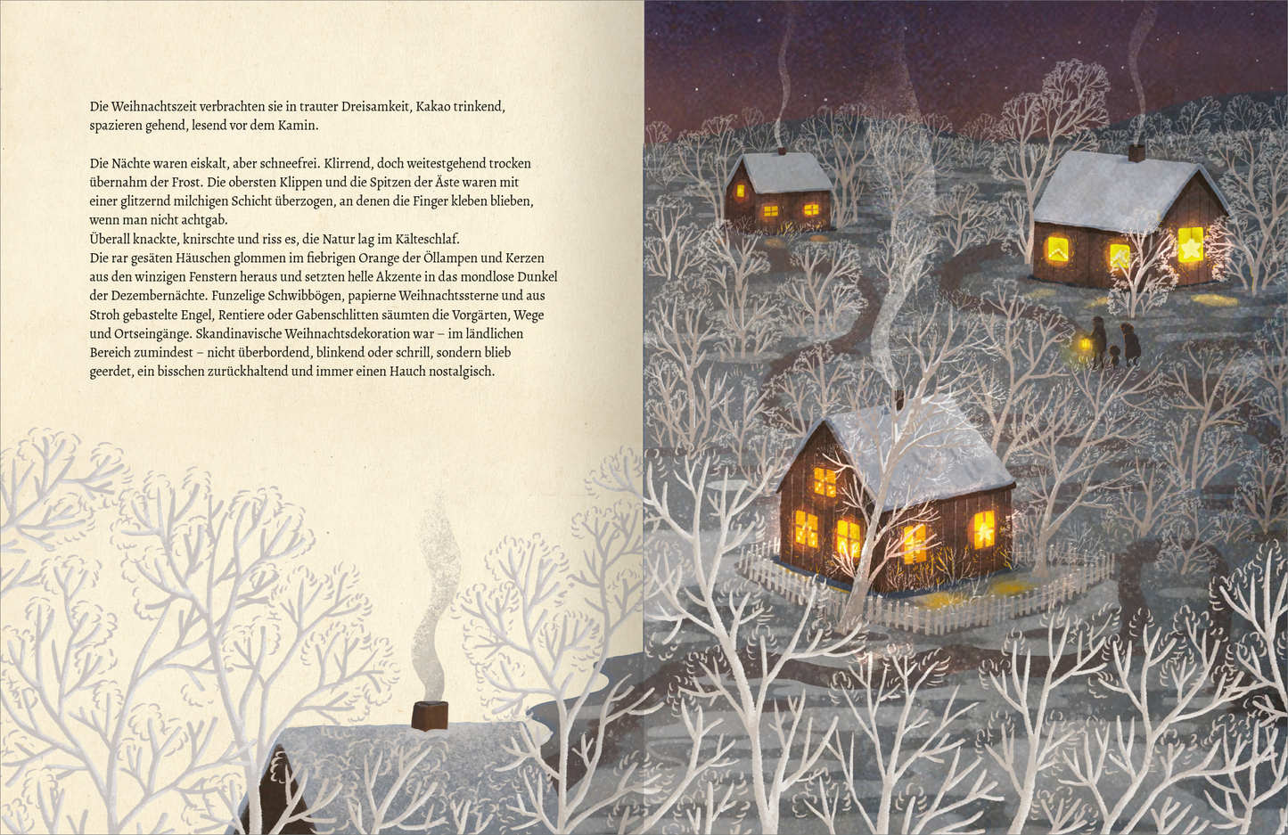 Gezeigt wird eine Innen- oder Zusatzansicht von „Der Verwechslung“. Die Illustration zeigt eine winterliche Landschaft mit schneebedeckten Bäumen und mehreren gemütlichen, beleuchteten Holzhäusern. Die sanften, pastellfarbenen Töne des Schnees kontrastieren mit den warmen, orangefarbenen Lichtern der Fenster. Der Himmel ist in tiefen Blau- und Violetttönen gehalten, die eine ruhige Atmosphäre schaffen. Die Schrift auf der linken Seite ist klar und gut lesbar, in einer klassischen...