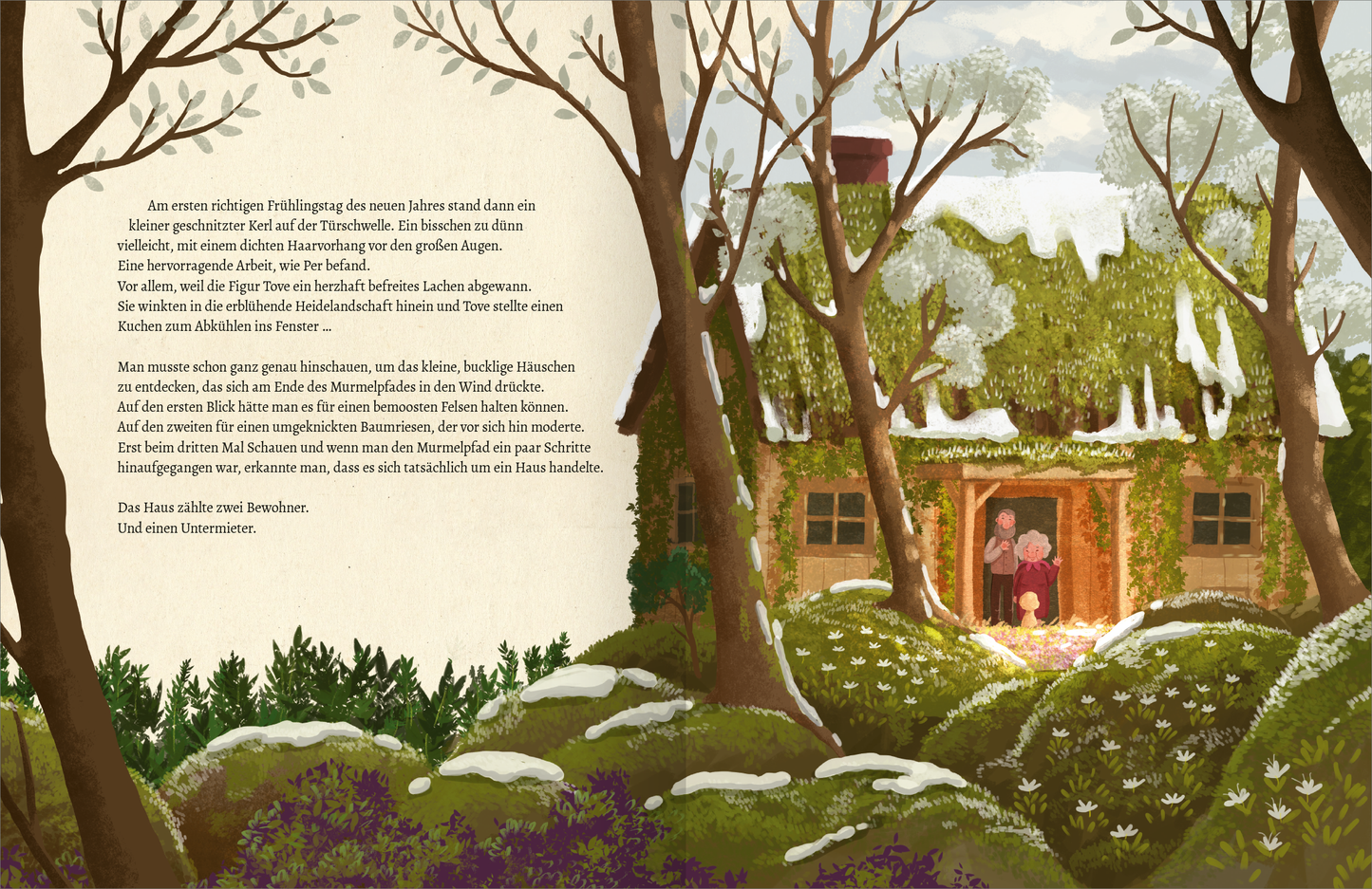 Gezeigt wird eine Innen- oder Zusatzansicht von „Der Verwechsling“. Die Illustration zeigt ein liebevoll gestaltetes ländliches Haus, umgeben von schneebedeckten Bäumen und bunten Frühlingsblumen. Die Farbpalette umfasst sanfte Erdtöne sowie lebendige Farben für die Blumen. Der Text auf der linken Seite ist in einer klaren serifenlosen Schrift gehalten und vermittelt eine einladende Atmosphäre, während rechts zwei Figuren vor dem Hauseingang stehen.