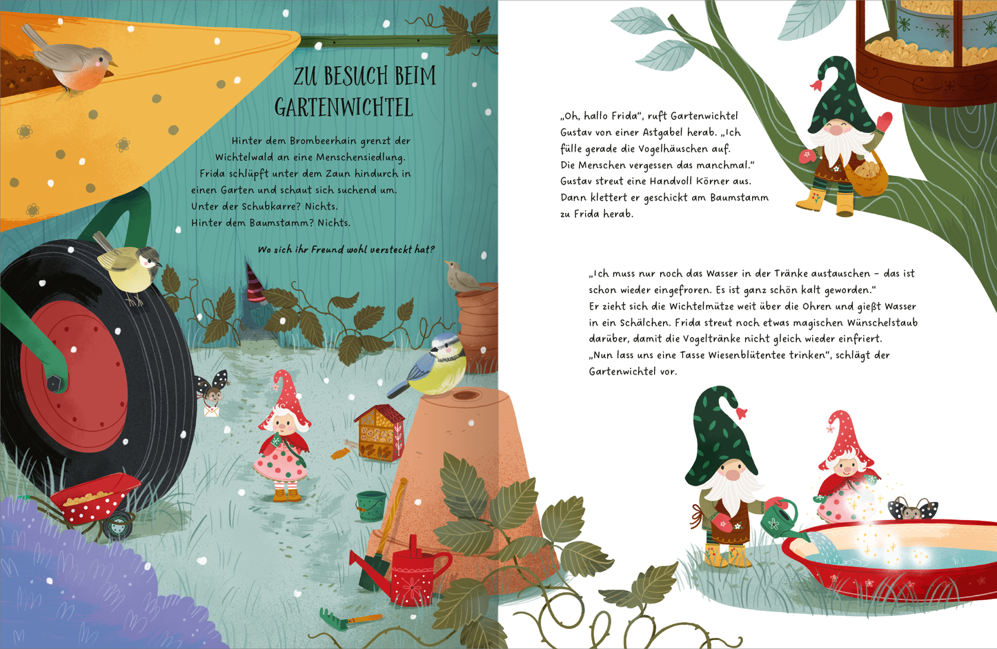 Gezeigt wird eine Innen- oder Zusatzansicht von „Wer wohnt hinter der Wichteltür?“. Die Illustration zeigt eine bunte, märchenhafte Garten-Szene mit einem großen, orangefarbenen Schaufelrad und einem schwarzen Reifen, auf dem ein kleiner Vogel sitzt. Zwei Wichtel mit roten und grünen Mützen stehen gemeinsam am Wasserbehälter. Die sanften Farben wie Hellgrün, Blau und Rot vermitteln eine freundliche Atmosphäre. Die Schrift ist fröhlich und verspielt, passend zur kindlichen Thematik.