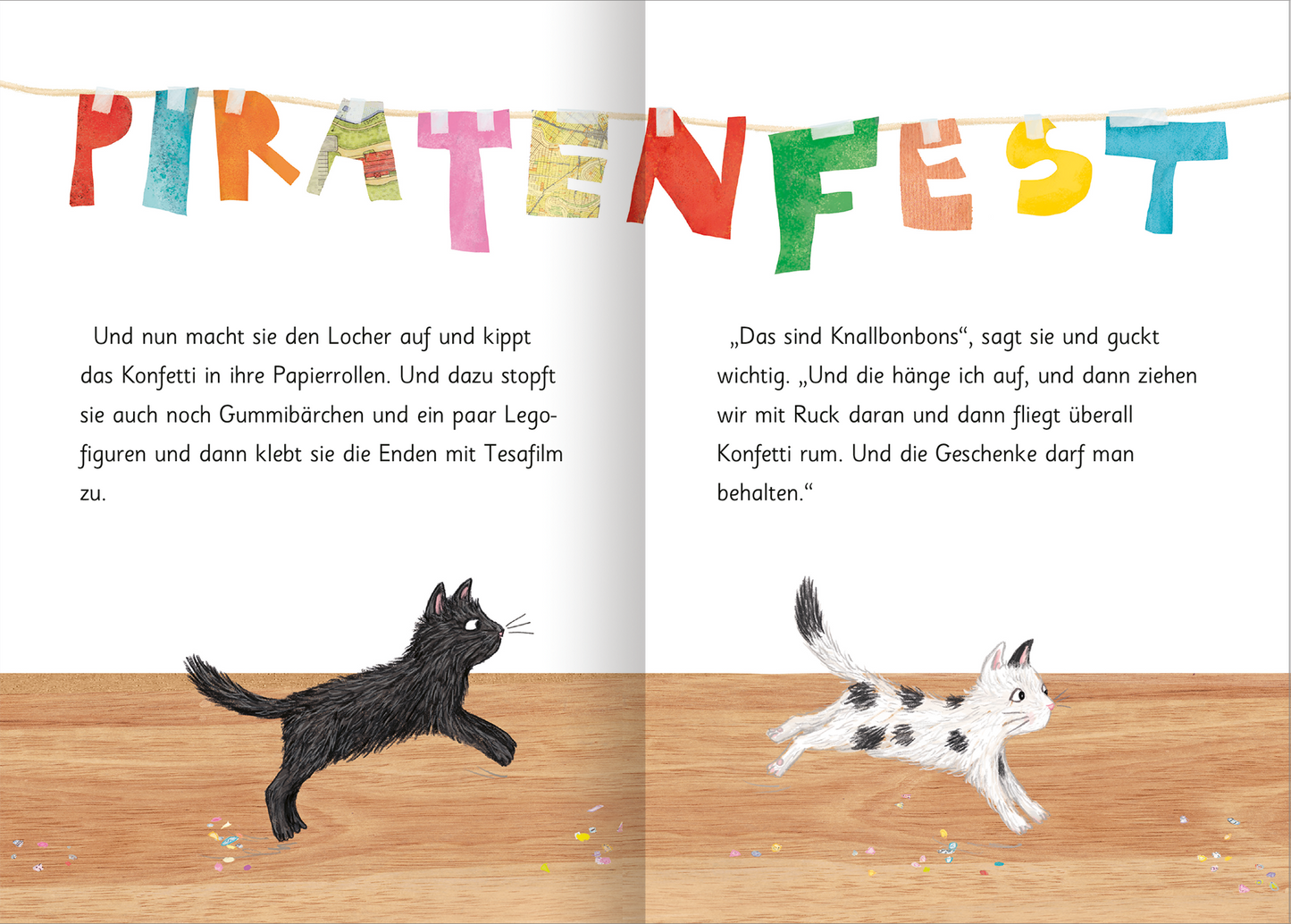 Gezeigt wird eine Innen- oder Zusatzansicht von „Ziemlich beste Schwestern – Die ziemlich besten Abenteuer“. Die Doppelseite präsentiert eine lebendige Illustration mit bunten, großen Buchstaben, die „PIRATENFEST“ bilden. Außerdem sind zwei verspielte Katzen, eine schwarze und eine schwarz-weiße, die über einen hellen Holzboden laufen, abgebildet. Der Text ist in einer serifenlosen, gut lesbaren Schrift gesetzt.