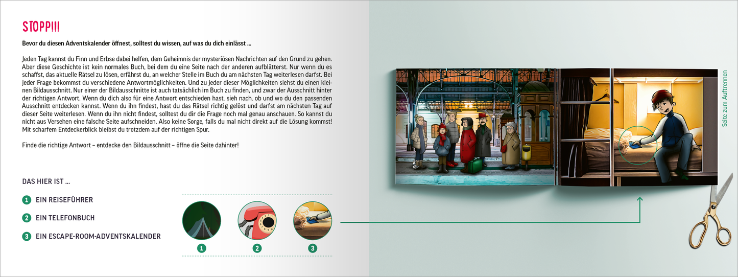 Gezeigt wird eine Innen- oder Zusatzansicht von „Codename: Nussknacker. Ein Escape Room Adventskalender“. Die linke Seite enthält Text mit einer Erklärung zur Systematik des Adventskalenders. Die rechte Seite zeigt eine Seite aus dem Buch, mit der dies weiter verdeutlicht wird. Die Typografie ist klar und modern, mit einem auffälligen „STOPP!!!“, das die Aufmerksamkeit auf sich zieht.