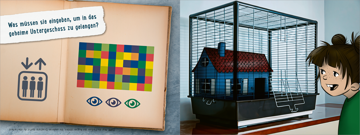 Gezeigt wird eine Innen- oder Zusatzansicht von „Codename: Nussknacker. Ein Escape Room Adventskalender“. Links ist ein offenes Buch zu sehen, das zwei Symbole für Aufzug und Augen in bunten Kästchen zeigt, darüber steht die Frage: „Was müssen sie eingeben, um in das geheime Untergeschoss zu gelangen?“. Rechts befindet sich ein Spielzeughaus in einem Kleintierkäfig, mit einem roten Dach und grauen Wänden. Ein Kind mit braunen Haaren schaut interessiert auf das Spielzeug. Die...