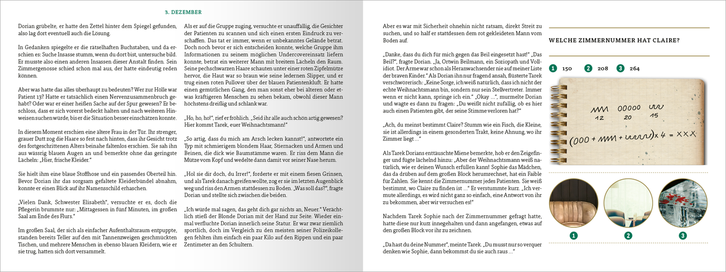 Gezeigt wird eine Innen- oder Zusatzansicht von „Escape Room. Patient 13“. Die Seiten sind in einem klaren, modernen Layout gestaltet, mit einer Kombination aus großen, lesbaren Schriftarten und informativen Grafiken. Dominierend sind helle Hintergründe mit dunkelgrünen und schwarzen Akzenten. Illustrationen und Fotos ergänzen den Text und bieten visuelle Hinweise zur Lösung der auf der rechten Seite gestellten Rätselfrage.