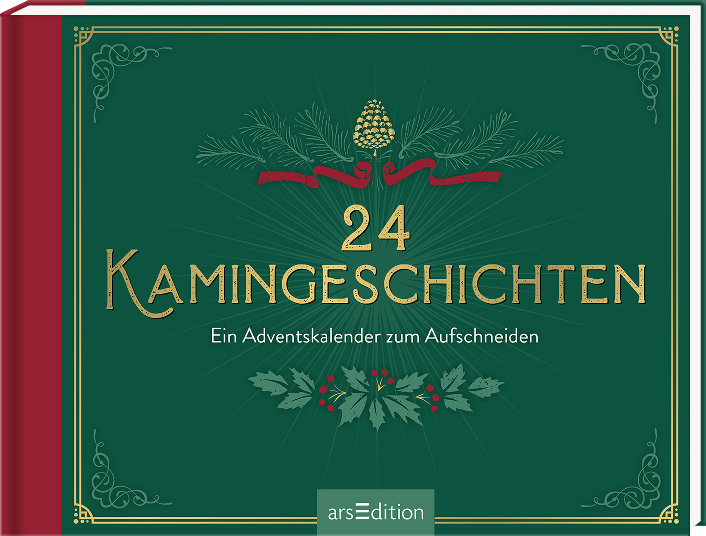Ein elegantes, tiefgrünes Cover mit goldener Schrift kombiniert festliche Elemente. Im Mittelpunkt steht die große Zahl „24“ in einer geschwungenen, goldenen Typografie, darüber befindet sich der Titel „Kamingeschichten“ in gleicher Schriftart. Unterhalb des Titels steht der Untertitel „Ein Adventskalender zum Aufschneiden“. Rote und goldene Verzierungen, wie Tannenzapfen und Weihnachtszweige, umrahmen das Cover und vermitteln eine gemütliche, festliche Atmosphäre. Ganz unten...