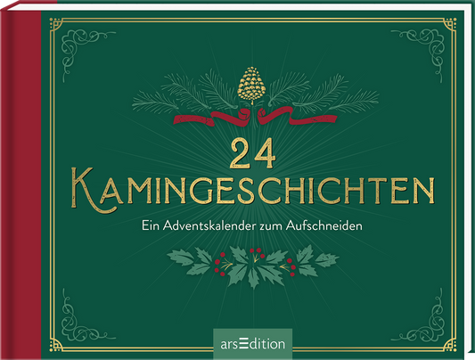 Ein elegantes, tiefgrünes Cover mit goldener Schrift kombiniert festliche Elemente. Im Mittelpunkt steht die große Zahl „24“ in einer geschwungenen, goldenen Typografie, darüber befindet sich der Titel „Kamingeschichten“ in gleicher Schriftart. Unterhalb des Titels steht der Untertitel „Ein Adventskalender zum Aufschneiden“. Rote und goldene Verzierungen, wie Tannenzapfen und Weihnachtszweige, umrahmen das Cover und vermitteln eine gemütliche, festliche Atmosphäre. Ganz unten...