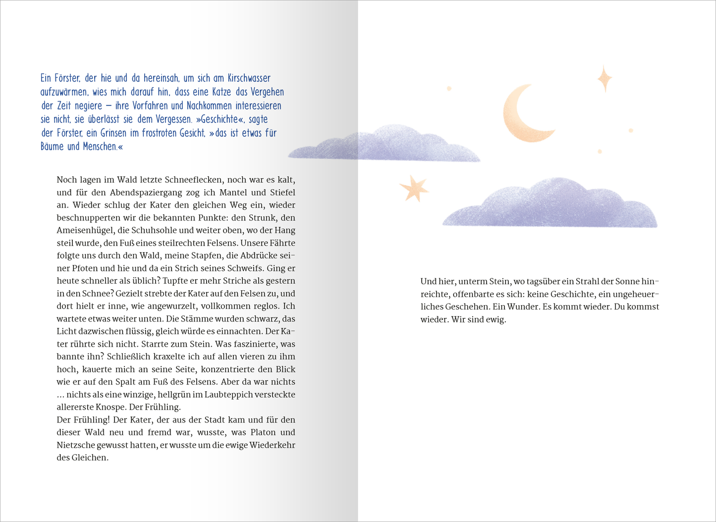 Gezeigt wird eine Innen- oder Zusatzansicht von „24 Achtsamkeitsgeschichten für den Advent“. Die Seite zeigt links einen Textblock mit einer gut lesbaren serifenlosen Schrift in Blau, der sanfte, nachdenkliche Geschichten präsentiert. Auf der rechten Seite sind zarte, pastellfarbene Illustrationen von Wolken und einem Halbmond auf einem weißen Hintergrund platziert. Diese Elemente vermitteln eine ruhige, besinnliche Atmosphäre, die zum Inhalt des Buchs passt.