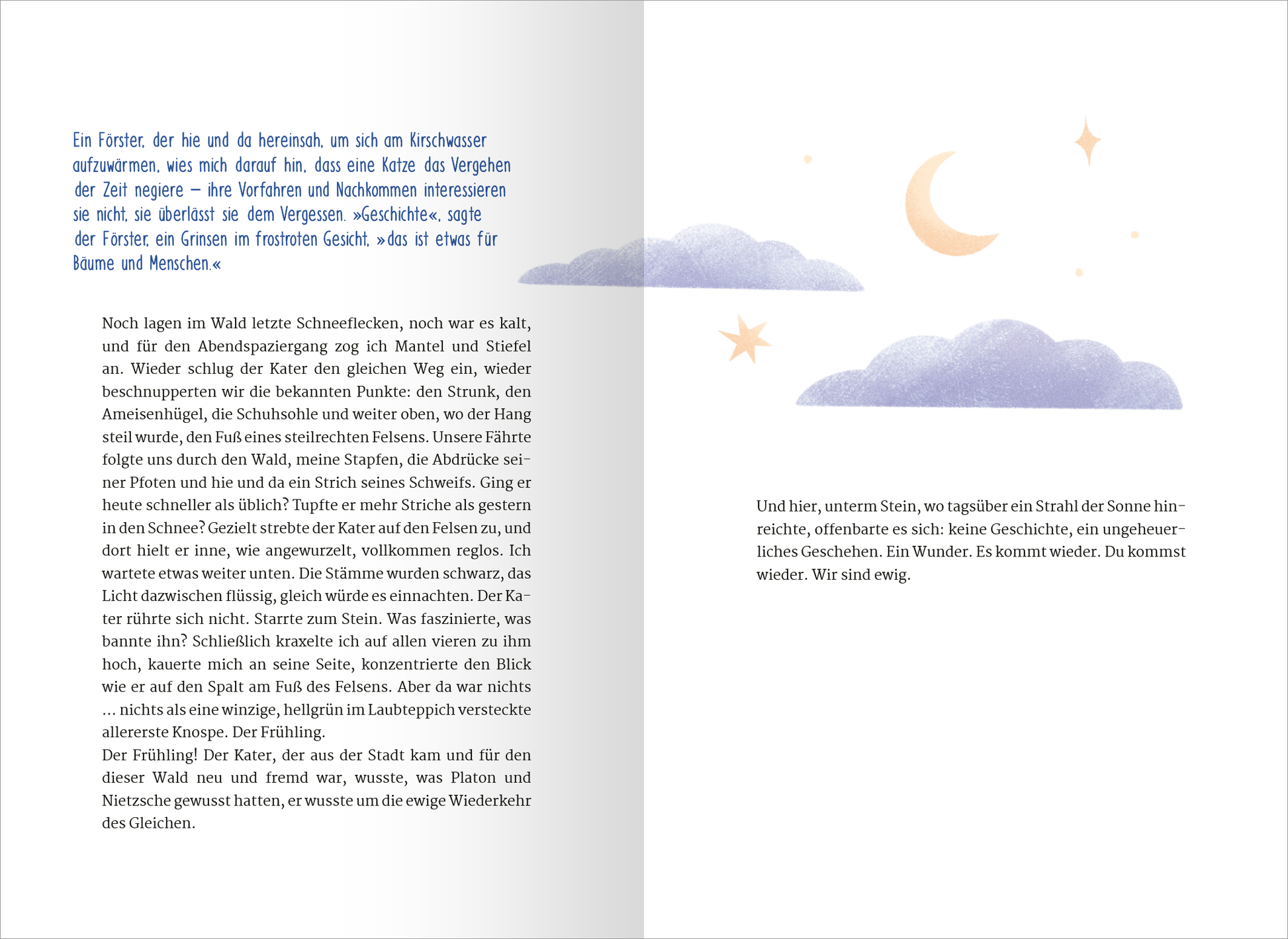 Gezeigt wird eine Innen- oder Zusatzansicht von „24 Achtsamkeitsgeschichten für den Advent“. Die Seite zeigt links einen Textblock mit einer gut lesbaren serifenlosen Schrift in Blau, der sanfte, nachdenkliche Geschichten präsentiert. Auf der rechten Seite sind zarte, pastellfarbene Illustrationen von Wolken und einem Halbmond auf einem weißen Hintergrund platziert. Diese Elemente vermitteln eine ruhige, besinnliche Atmosphäre, die zum Inhalt des Buchs passt.