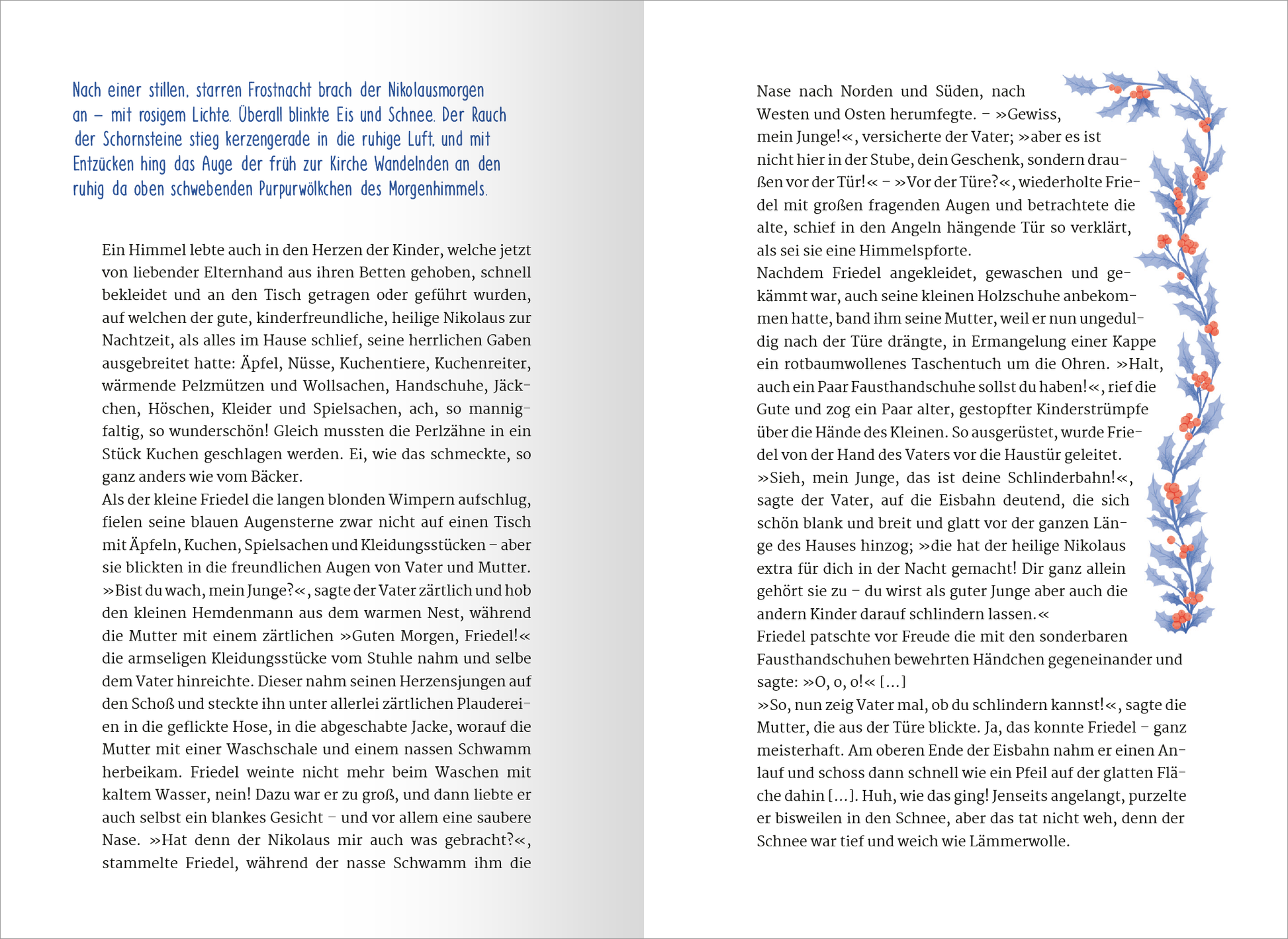 Gezeigt wird eine Innen- oder Zusatzansicht von „24 Achtsamkeitsgeschichten für den Advent“. Die Seite enthält einen warmen, einladenden Hintergrund in sanften, hellen Tönen. Links befindet sich ein Textblock mit einem klaren, gut lesbaren Font. Rechts ist eine dekorative Randillustration in kräftigen Farben, die florale Motive darstellt. Die Gesamtkomposition strahlt Ruhe und Harmonie aus, wobei die Elemente ausgewogen angeordnet sind und das Thema Achtsamkeit unterstreichen.