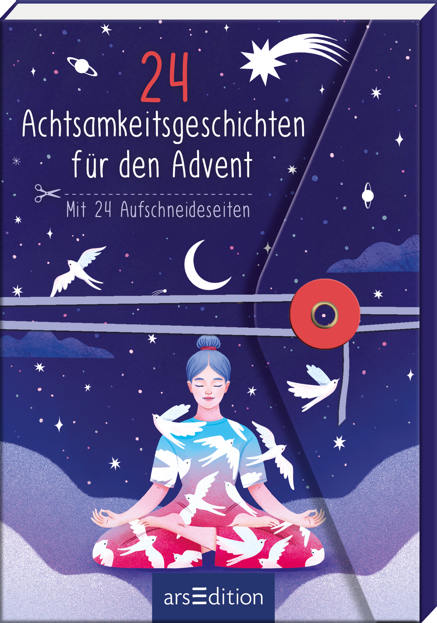 Der Buchcoverhintergrund zeigt einen sternenklaren Nachthimmel in verschiedenen Blautönen, durchzogen von weißen Vögeln und stilisierten Planeten. In der Mitte sitzt eine Person im Lotushaltung, bekleidet mit einem blauen Oberteil und einer weißen Hose, und meditiert. Über ihr stehen in großen, roten Ziffern die Zahl „24“ und der Titel „Achtsamkeitsgeschichten für den Advent“ in eleganter Schrift. Ein roter Kreis mit einer schlichten Linie hebt die zentrale Figur hervor. Ganz...