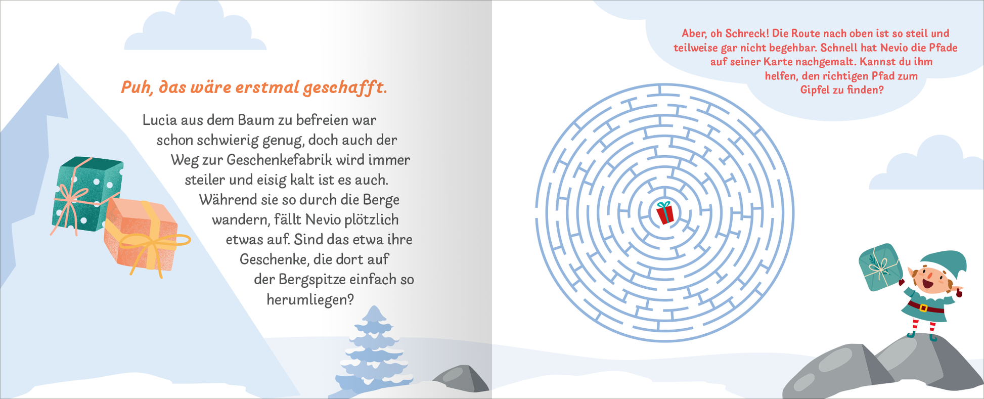 Gezeigt wird eine Innen- oder Zusatzansicht von „24 knifflige Weihnachtsrätsel. Escape Room Adventskalender“. Die Illustration zeigt eine winterliche Landschaft mit schneebedeckten Bergen und Bäumen. Links sind zwei Geschenke in kräftigen Farben, rechts ein Labyrinth mit einem kleinen roten Geschenk in der Mitte. Der Text ist in freundlicher, gut lesbarer Schrift gehalten. Die Farbpalette umfasst sanfte Blau- und Grüntöne, mit lebhaften Akzenten in Rot und Gelb.