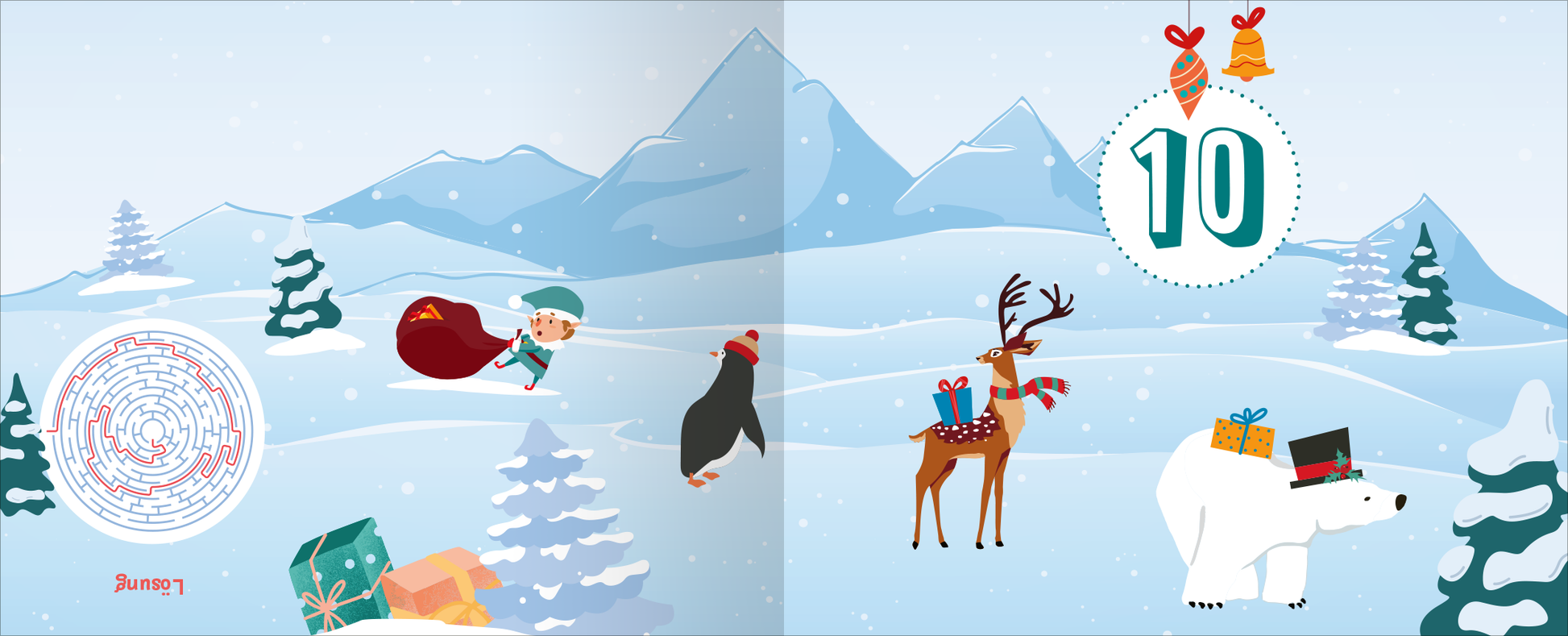 Gezeigt wird eine Innen- oder Zusatzansicht von „24 knifflige Weihnachtsrätsel. Escape Room Adventskalender“. Auf der Doppelseite sind schneebedeckte Berge und Tannenbäume in sanften Blau- und Grüntönen abgebildet. Ein fröhlicher kleiner Elf mit einem roten Sack fliegt durch die Luft, umgeben von einem Pinguin, einem Rentier und einem weißen Bären, der einen Hut trägt. Die große Ziffer „10“ ist prominent in einem hellen Kreis platziert, während ein Labyrinth im linken Bereich...
