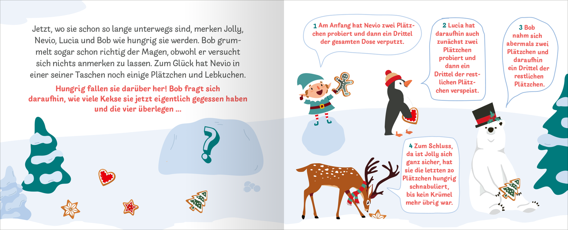 Gezeigt wird eine Innen- oder Zusatzansicht von „24 knifflige Weihnachtsrätsel. Escape Room Adventskalender“. Auf der Doppelseite sind bunte, illustrierte Charaktere und winterliche Szenen zu sehen. In einer freundlichen, verspielten Typografie sind Textblöcke mit Rätseln und Anweisungen platziert. Die Farbpalette umfasst helle Töne von Blau, Rot, Grün und Weiß, ergänzt durch dekorative Elemente wie Sterne, Schneeflocken und Weihnachtsmotiven. Die Illustrationen wirken lebhaft und...
