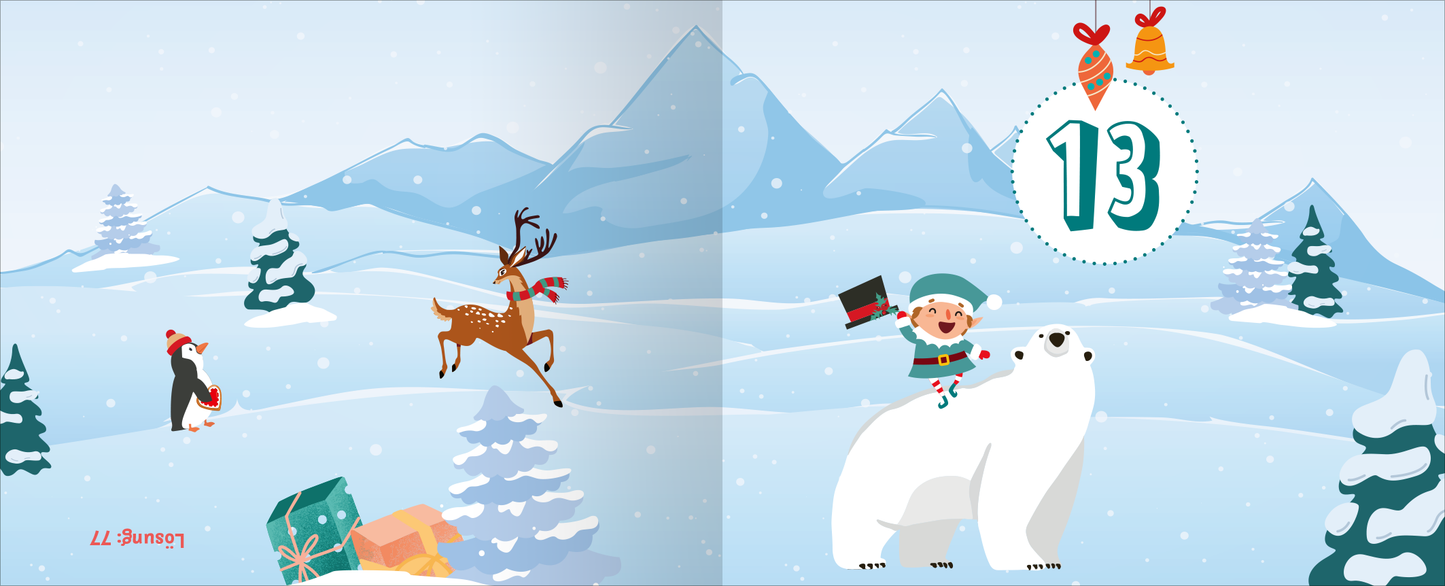 Gezeigt wird eine Innen- oder Zusatzansicht von „24 knifflige Weihnachtsrätsel. Escape Room Adventskalender“. Die Illustration zeigt eine winterliche Landschaft mit schneebedeckten Bergen und Tannenbäumen. Ein fröhlicher Elf und ein Eisbär interagieren, während ein Rentier im Hintergrund sichtbar ist. In der oberen rechten Ecke steht die Zahl „13“ in hellblauer, runder Schrift. Die Farben sind überwiegend hellblau, grün und rot, was eine festliche und einladende Atmosphäre...