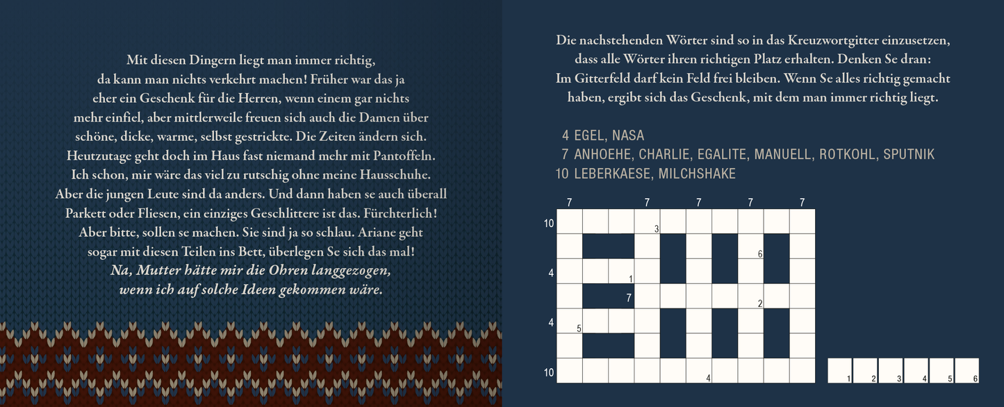 Gezeigt wird eine Innen- oder Zusatzansicht von „Glauben Sie mir, Weihnachten kommt schneller, als man denkt!“. Die linke Seite des Designs zeigt einen warmen, strukturierten Hintergrund in tiefmärkter Blaugrau, versehen mit einem stimmigen, rot-goldenen Zickzackmuster am unteren Rand. Der Text ist in einer klaren, gut lesbaren Schriftart und weißer Farbe gehalten, die anmutig auf die festliche Stimmung eingeht. Die rechte Seite beherbergt ein Kreuzworträtsel auf einem kühlen,...