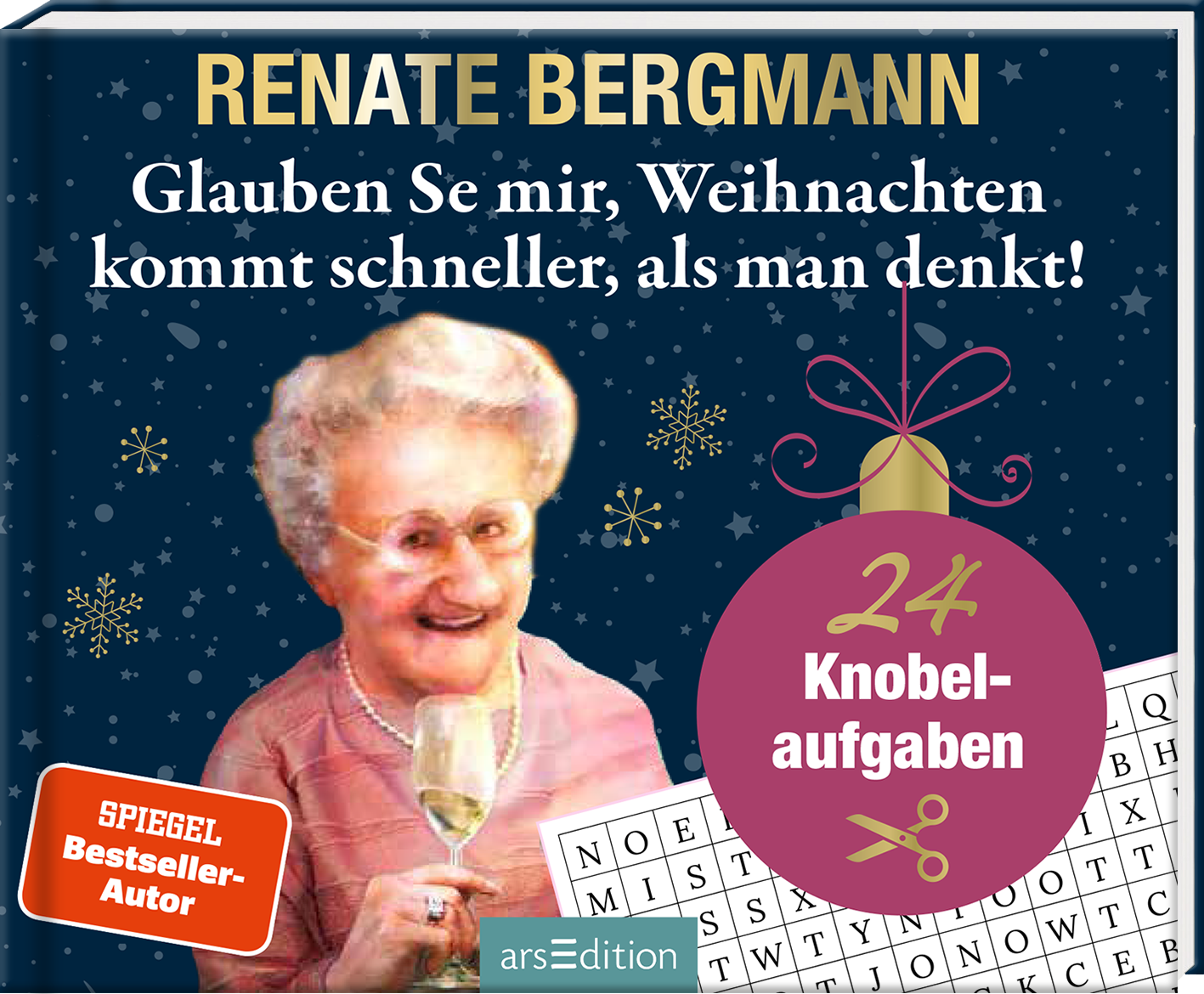 Das Buchcover zeigt eine humorvolle Illustration von Renate Bergmann, die in einem pinkfarbenen Oberteil mit einem Glas Sekt anstößt. Der Hintergrund ist in einem tiefen Blau mit weißen Schneeflocken gestaltet, was eine festliche Atmosphäre vermittelt. Der Titel „Glauben Sie mir, Weihnachten kommt schneller, als man denkt!“ steht in auffälliger, weißer Schrift oben. In der unteren rechten Ecke befindet sich ein roter Kreis mit dem Text „24 Knobelaufgaben“. Oben links prangt der...