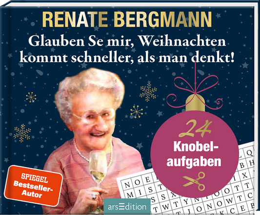 Das Buchcover zeigt eine humorvolle Illustration von Renate Bergmann, die in einem pinkfarbenen Oberteil mit einem Glas Sekt anstößt. Der Hintergrund ist in einem tiefen Blau mit weißen Schneeflocken gestaltet, was eine festliche Atmosphäre vermittelt. Der Titel „Glauben Sie mir, Weihnachten kommt schneller, als man denkt!“ steht in auffälliger, weißer Schrift oben. In der unteren rechten Ecke befindet sich ein roter Kreis mit dem Text „24 Knobelaufgaben“. Oben links prangt der...