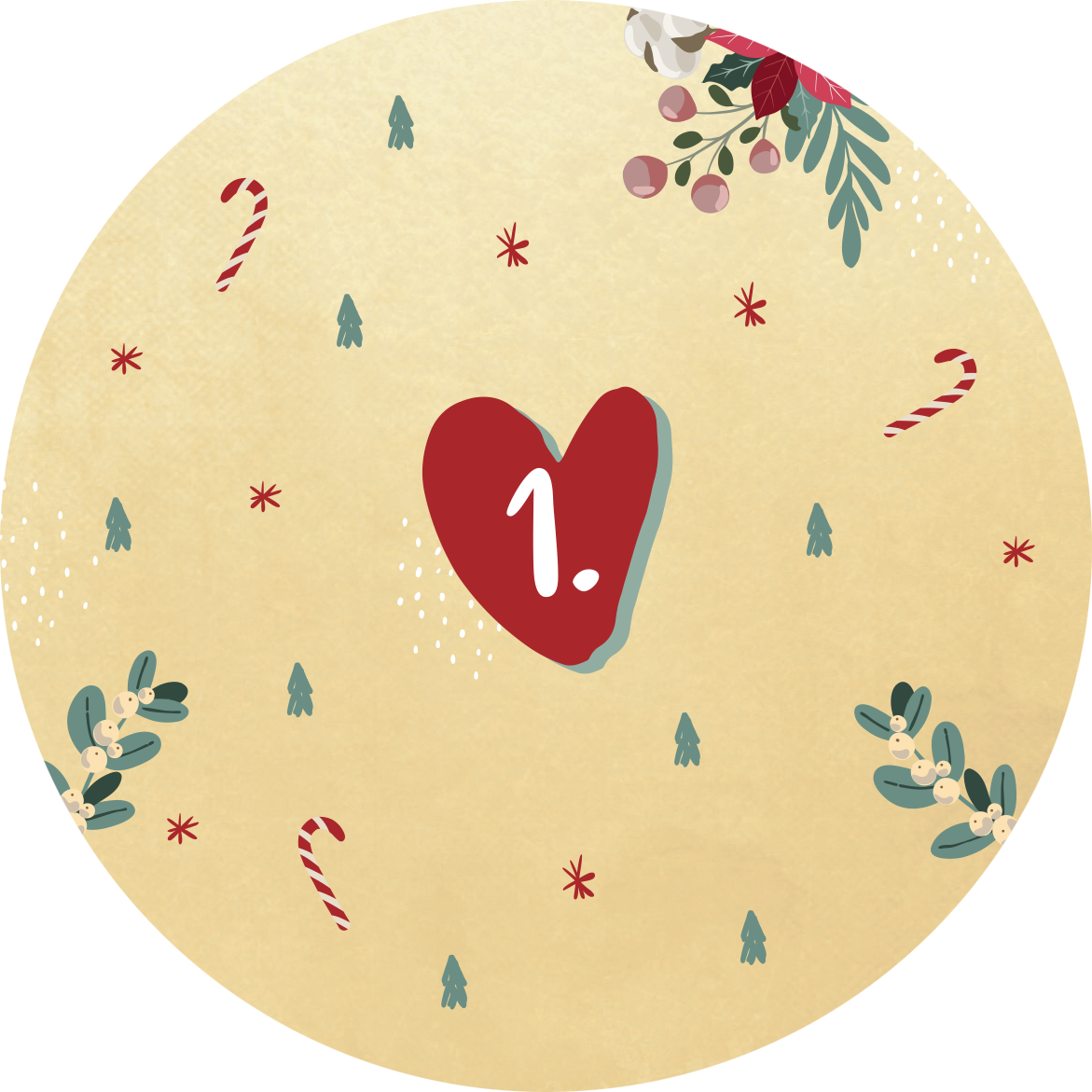 Gezeigt wird eine Innen- oder Zusatzansicht von „Advent in der Dose. 24 liebe Wünsche für dich“. Die Illustration zeigt einen runden, hellen Hintergrund in sanften Goldtönen. Im Zentrum prangt ein rotes Herz mit der Aufschrift „1.“ in lebendiger, weißer Typografie. Um das Herz sind weihnachtliche Motive wie Kristallzucker-Stangen, grüne Tannen und festliche Beeren angeordnet, die in sanften, harmonischen Farben gestaltet sind. Die Gesamtkomposition vermittelt eine warme, einladende...
