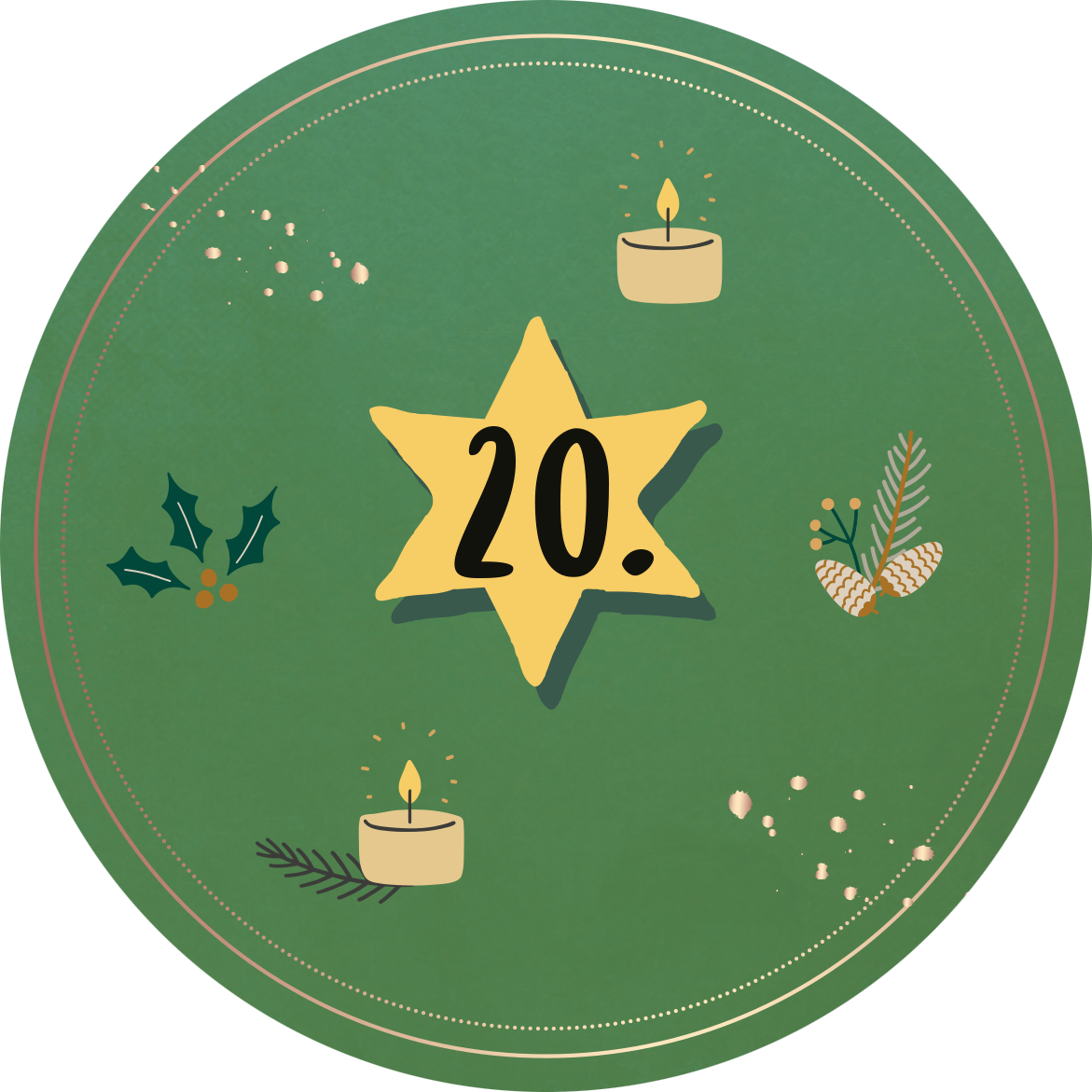 Gezeigt wird eine Innen- oder Zusatzansicht von „Advent in der Dose. 24 liebe Wünsche für dich“. Die Abbildung zeigt einen runden, grünen Hintergrund, auf dem ein gelber Stern mit der Zahl „20.“ im Mittelpunkt steht. Um den Stern sind kleine, beige Kerzen mit flammenartigen grafischen Darstellungen sowie Dekorationselemente wie Stechpalmenblätter und Tannenzapfen in sanften Farbtönen platziert. Die Gesamtkomposition strahlt eine besinnliche, festliche Atmosphäre aus.