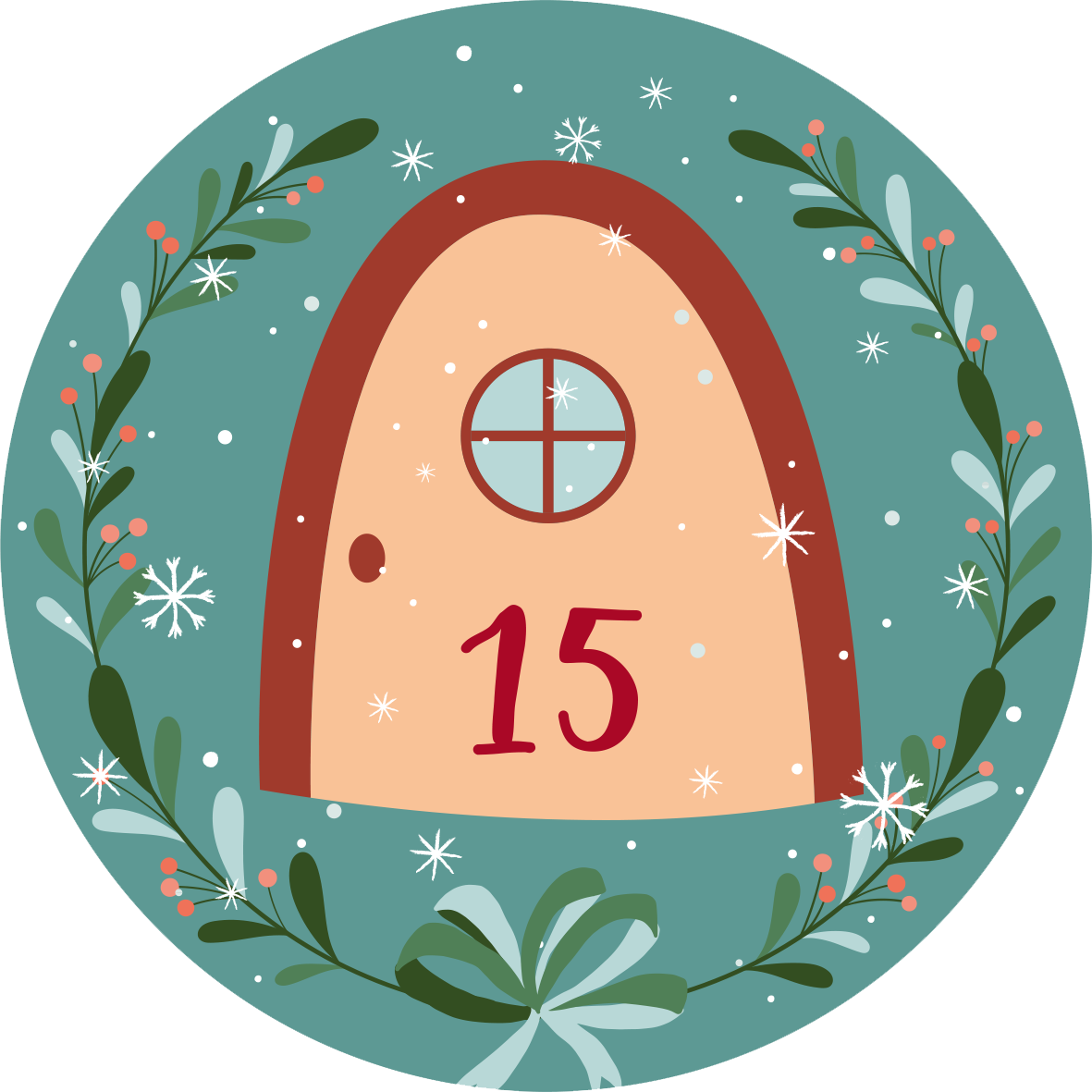 Gezeigt wird eine Innen- oder Zusatzansicht von „Adventskalender in der Dose. 24 Wichtelweisheiten für den Advent“. Die Abbildung zeigt eine runde Tür in sanften Erdtönen mit der Nummer 15 in kräftigem Rot. Umgeben von einem grünen Kranz, der mit roten Beeren und Schneeflocken dekoriert ist, vermittelt die Szene eine weihnachtliche Atmosphäre. Die harmonischen Farben und die verspielte Typografie tragen zur festlichen Stimmung des Produkts bei.