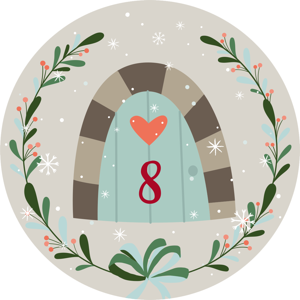 Gezeigt wird eine Innen- oder Zusatzansicht von „Adventskalender in der Dose. 24 Wichtelweisheiten für den Advent“. Die Abbildung zeigt eine runde Darstellung mit einem grauen Hintergrund, auf dem sich ein türkisfarbenes Türchen mit der Nummer 8 und einem roten Herzen befindet. Umrahmt wird die Tür von einem grünen Kranz mit roten Beeren und schneebedeckten Akzenten, die eine festliche Atmosphäre schaffen. Die sanften Farben und die verspielte Typografie unterstreichen den...