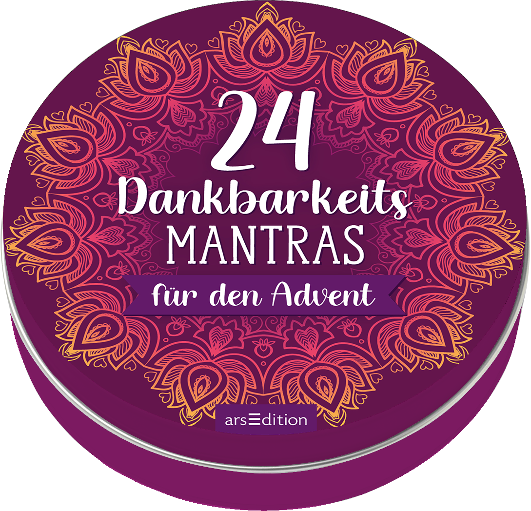 Das Buchcover in einem kräftigen lila Farbton ist von einem feinen, goldenen Mandala-Muster umrahmt. In der Mitte prangt in großen, weißen Ziffern der Titel „24 Dankbarkeits MANTRAS“ und darunter in eleganter, blauer Schrift „für den Advent“. Insgesamt vermittelt das Cover eine warme und besinnliche Atmosphäre, die zur Adventszeit passt. Ganz unten mittig steht der Logoschriftzug von arsEdition.