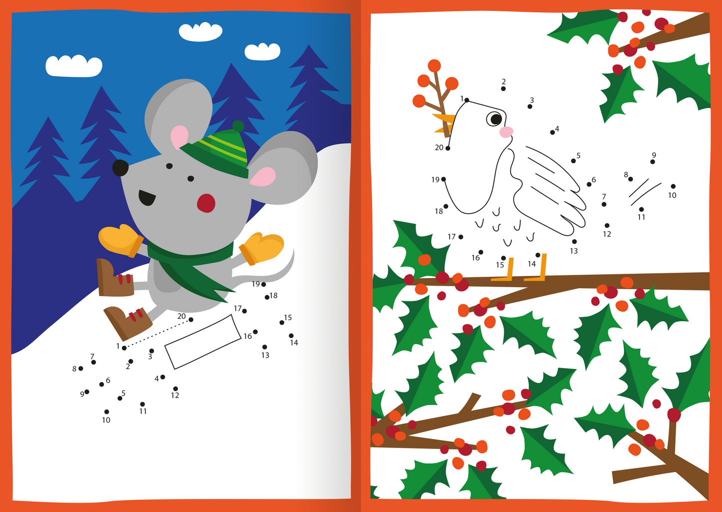 Gezeigt wird eine Innen- oder Zusatzansicht von „Kunterbunte Punkterätsel“. Die Seite zeigt auf der linken Seite eine fröhliche Maus in einem Winterlandschaftsdesign, umgeben von schneebedeckten Tannenbäumen und einem blauen Himmel. Auf der rechten Seite sind ein Vogel und eine verzierte Zweiglinie mit Stechpalmenblättern und roten Beeren dargestellt. Die klare, bunte Typografie mit Ziffern fördert die Interaktivität und das Rätsellösen.