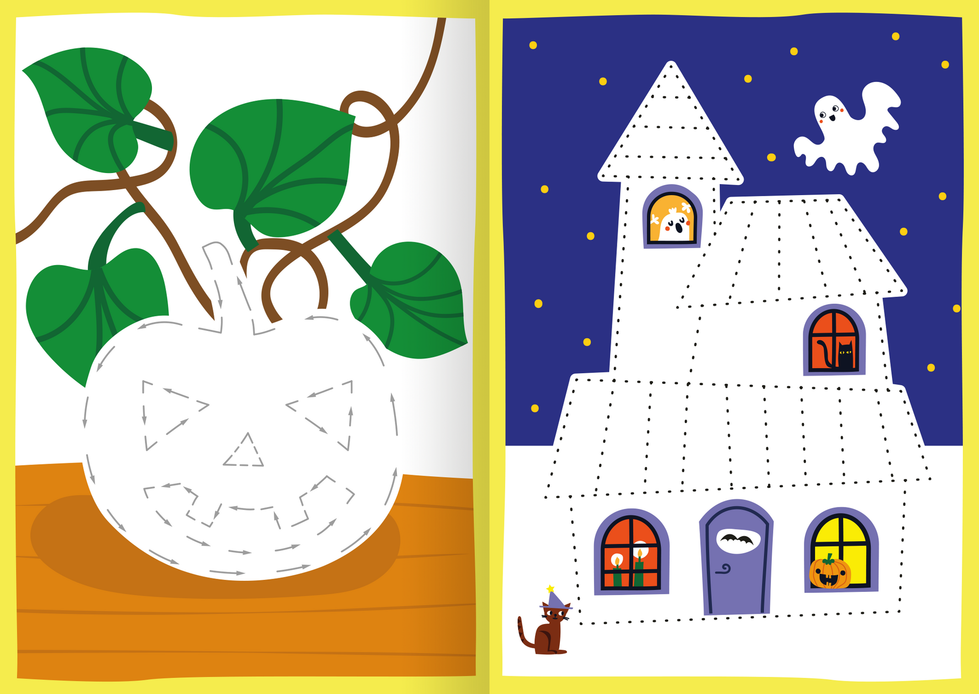 Gezeigt wird eine Innen- oder Zusatzansicht von „Kunterbunte Punkterätsel“. Die Abbildung zeigt zwei Szenen: Links ist ein schematisches Kürbisgesicht mit grünen Blättern, das auf braunem Holz platziert ist. Rechts ist ein weißes, geisterhaftes Haus auf einem tiefblauen Hintergrund, mit bunten Fenstern und einem süß-ängstlichen Geist, der aus einem Fenster schaut. Die klare, kinderfreundliche Typografie und die kräftigen Farben laden zum Mitmachen ein.