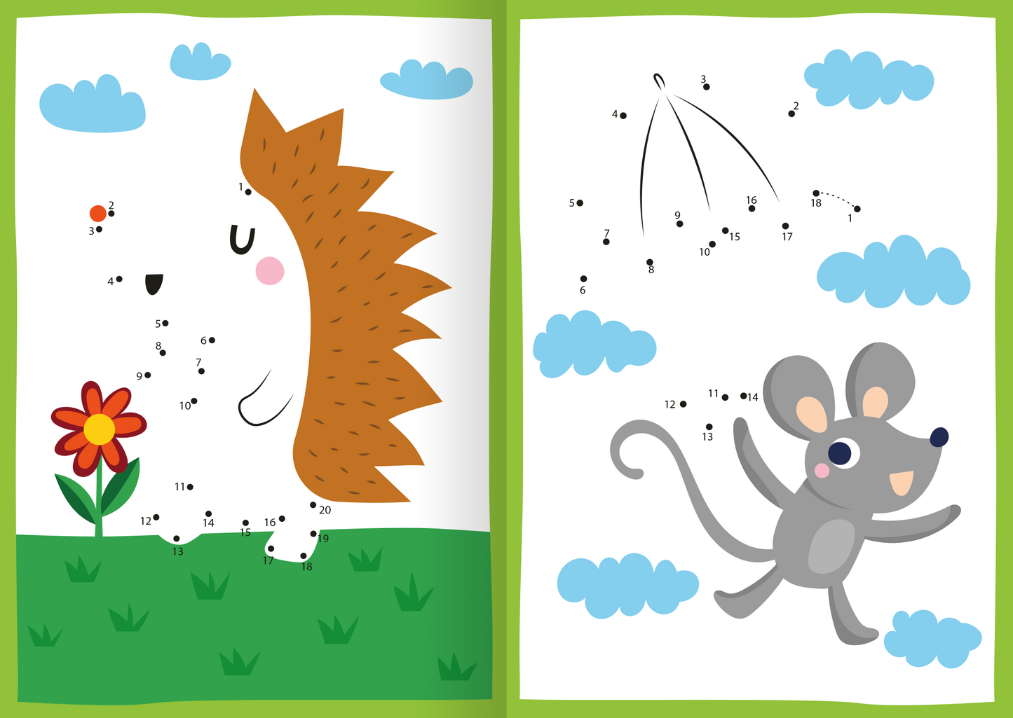 Gezeigt wird eine Innen- oder Zusatzansicht von „Kunterbunte Punkterätsel“. Die Seite zeigt einen Comic-Igel mit stacheligem, orangefarbenem Rücken, der neben einer bunten Blume in grünem Gras steht. Weitere Elemente sind weiße Wolken und ein fröhlicher grauer Mäuserich, der in einer leichten Bewegung dargestellt wird. Die Zahlen sind in klarer, runder Typografie auf den Zeichnungen verteilt, die die Rätsel zum Verbinden anregen. Besondere Farben sind Blau, Grün, Orange und Grau.