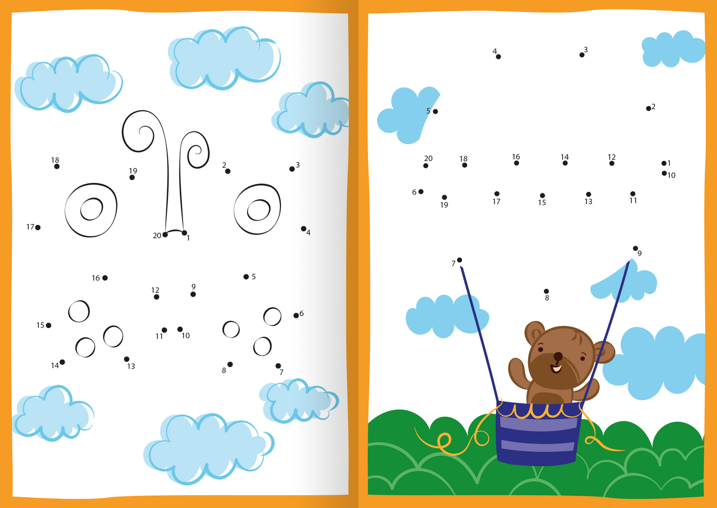 Gezeigt wird eine Innen- oder Zusatzansicht von „Kunterbunte Punkterätsel“. Auf der linken Seite sind skizzenhafte, nummerierte Punkte, die in geschwungene Linien und Formen angeordnet sind. Die Hintergrundfarbe ist hell mit blauen Wolken. Auf der rechten Seite zeigt eine bunten Illustration einen freundlichen Bären in einem Korb, der an einem Seil schwingt, umgeben von grünen Wiesen und weiteren Wolken. Die Zahlen sind prominent platziert, um das Lösen der Rätsel zu erleichtern.