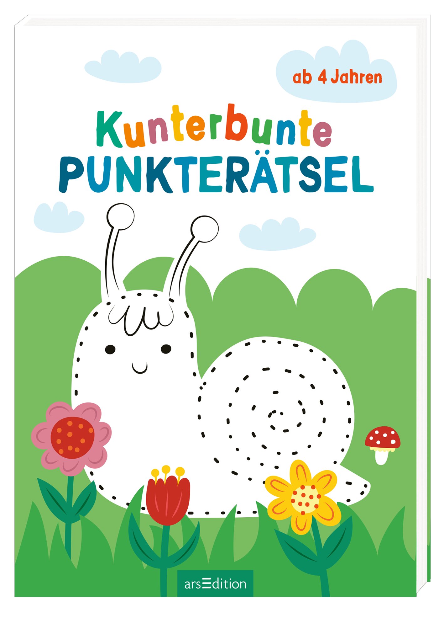 Das Buchcover zeigt eine fröhliche, gezeichnete Schnecke mit einem lächelnden Gesicht, die auf einem bunten Blumenfeld sitzt. Die Farben sind lebhaft und kinderfreundlich, mit einer Kombination aus Pink, Gelb und Grün. Der Titel „Kunterbunte PUNKTERÄTSEL“ ist in großen, spielerischen Buchstaben in Blau und Rot gestaltet. Über dem Titel steht der Hinweis „ab 4 Jahren“. Ganz unten mittig steht der Logoschriftzug von arsEdition.