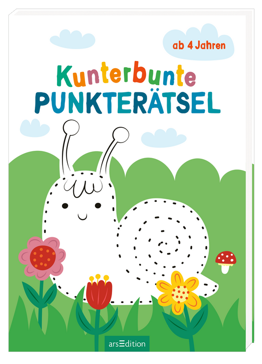 Das Buchcover zeigt eine fröhliche, gezeichnete Schnecke mit einem lächelnden Gesicht, die auf einem bunten Blumenfeld sitzt. Die Farben sind lebhaft und kinderfreundlich, mit einer Kombination aus Pink, Gelb und Grün. Der Titel „Kunterbunte PUNKTERÄTSEL“ ist in großen, spielerischen Buchstaben in Blau und Rot gestaltet. Über dem Titel steht der Hinweis „ab 4 Jahren“. Ganz unten mittig steht der Logoschriftzug von arsEdition.
