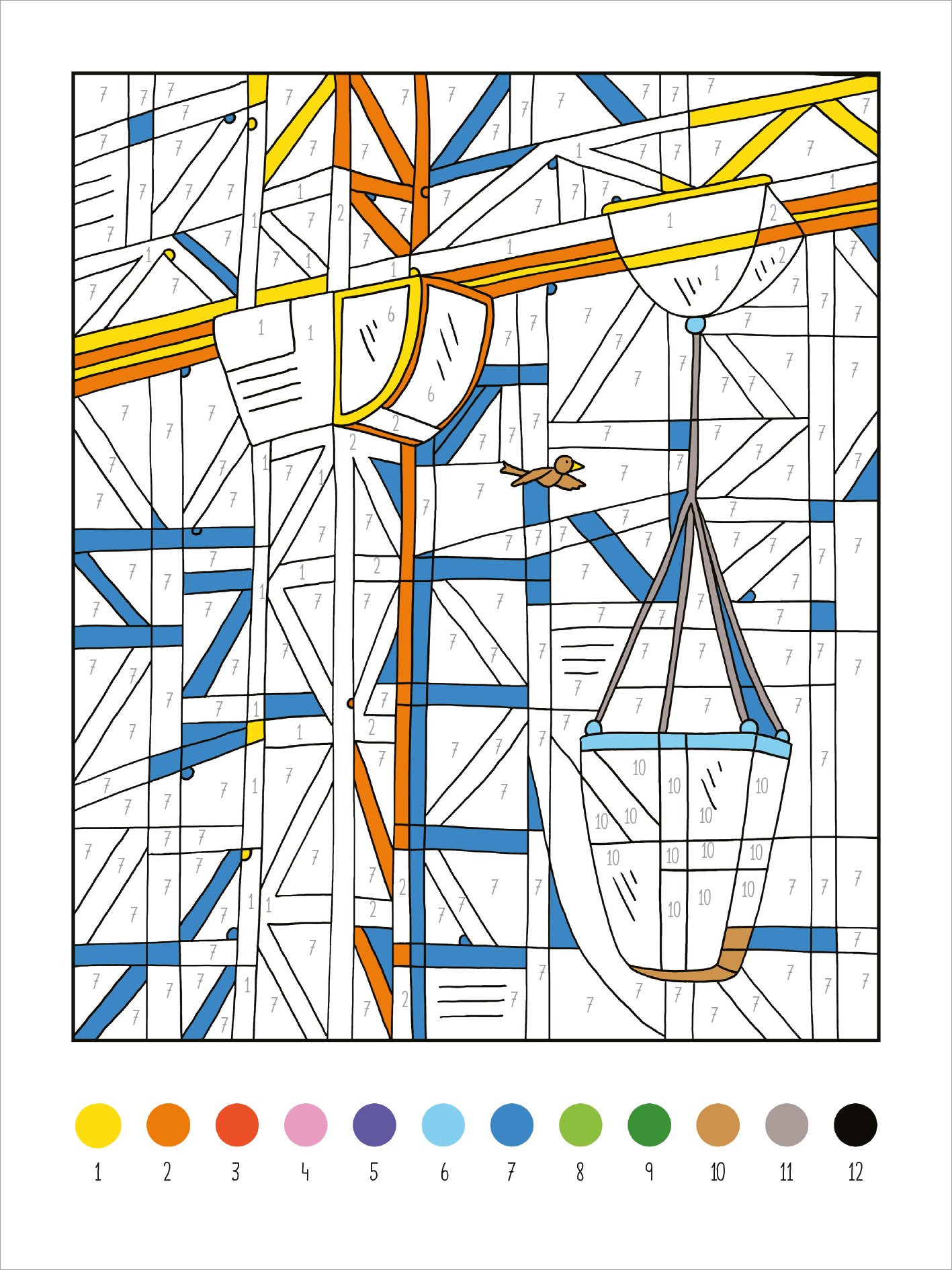 Gezeigt wird eine Innen- oder Zusatzansicht von „Mein dickes Malen-nach-Zahlen-Buch – Fahrzeuge“. Die Abbildung zeigt eine detaillierte Skizze eines Baustellenmotivs mit Kränen und Schaufeln, nummeriert für Malanweisungen. Dominierende Farben sind kräftiges Blau, leuchtendes Orange und sanftes Gelb. Jedes Segment weist eine klare, nummerierte Struktur auf, die leicht zu folgen ist. Die Typografie ist schlicht und gut lesbar, ideal für Kinder und Einsteiger.