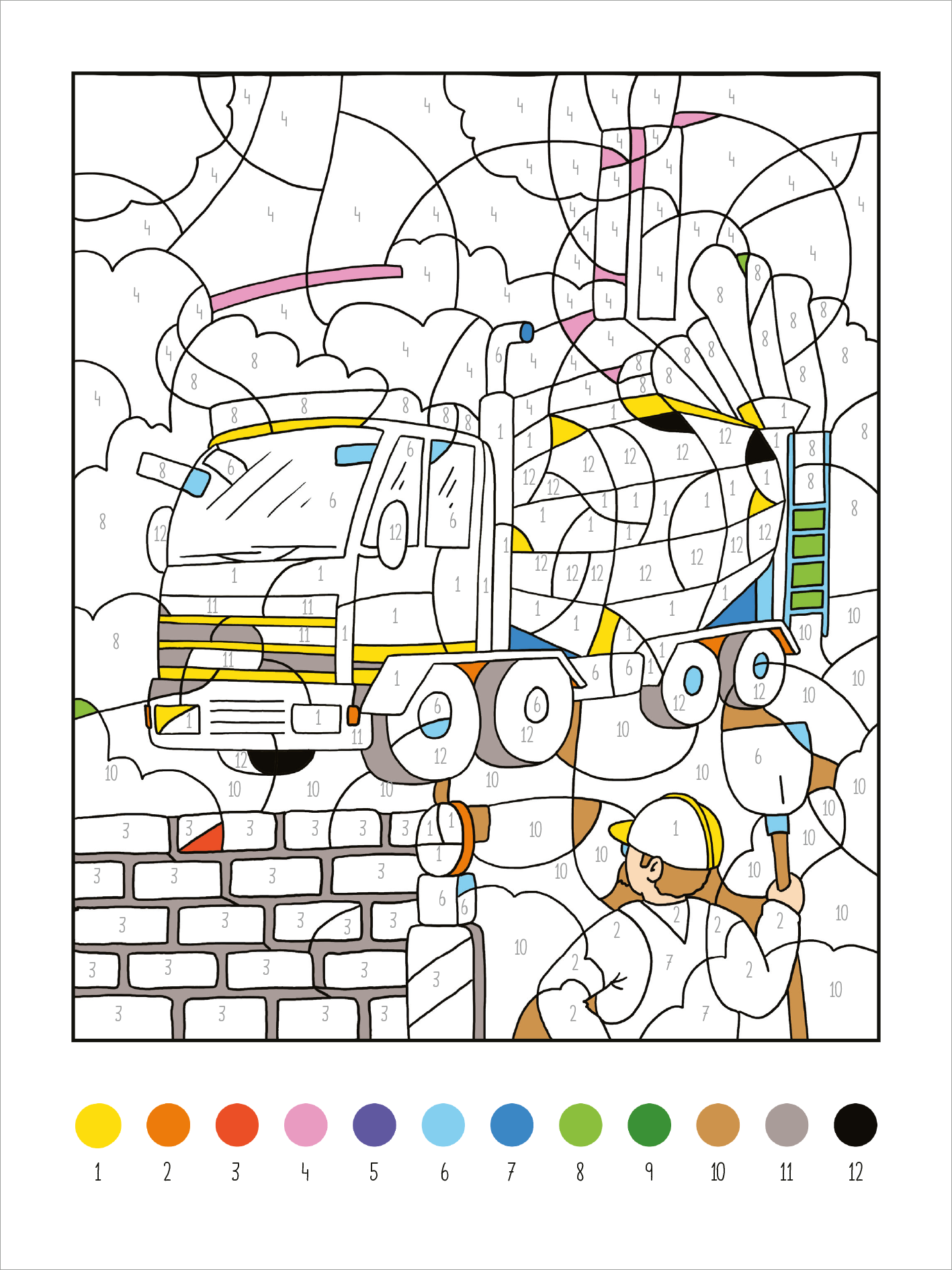 Gezeigt wird eine Innen- oder Zusatzansicht von „Mein dickes Malen-nach-Zahlen-Buch – Fahrzeuge“. Die Abbildung zeigt einen Betonmischer, der auf einer Baustelle steht, umgeben von Wolken und einem Handwerker. Die Konturen sind klar und schwarz, während die einzelnen Bereiche mit Zahlen zum Ausmalen in verschiedenen Farben hinterlegt sind. Die Hauptfarben sind Gelb, Blau und Grau, ergänzt durch Erdtöne und eine angenehme, kinderfreundliche Typografie.