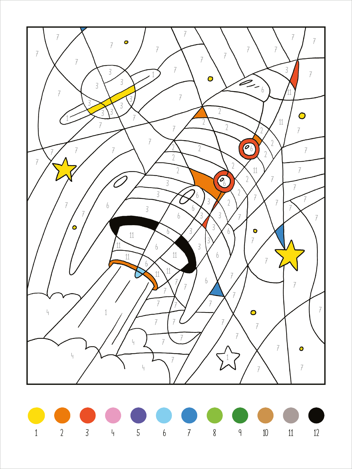 Gezeigt wird eine Innen- oder Zusatzansicht von „Mein dickes Malen-nach-Zahlen-Buch – Fahrzeuge“. Das Bild zeigt eine Rakete, umgeben von einem bunten Weltraum mit Planeten und Sternen. Die Hauptfarben sind Rot, Orange, Blau und Gelb, die durch nummerierte Bereiche klar voneinander abgegrenzt sind. Die typografische Gestaltung der Zahlen ist einfach und übersichtlich, um die Orientierung beim Ausmalen zu erleichtern.