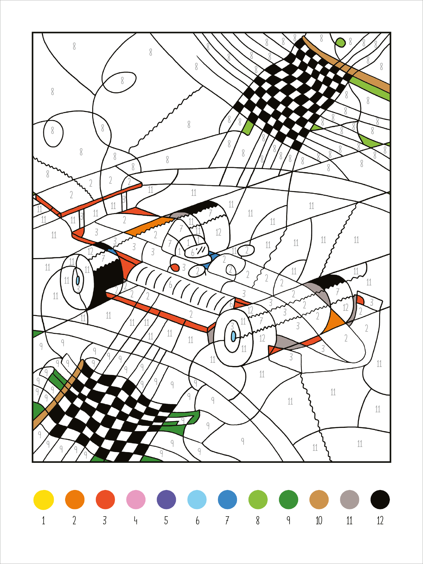 Gezeigt wird eine Innen- oder Zusatzansicht von „Mein dickes Malen-nach-Zahlen-Buch – Fahrzeuge“. Die Abbildung zeigt ein Rennwagen-Motiv, umgeben von stilisierten, sich bewegenden Linien und schwarz-weißen Schachbrettmustern. Die zentrale Farbpalette umfasst kräftige Farben wie Rot, Blau und Grün, ergänzt durch ein Set von nummerierten Farbfeldern am unteren Bildrand. Die klare Typografie der Zahlen sorgt für eine einfache Zuordnung zu den Farben, die den Lieblingsfahrzeugen zum...