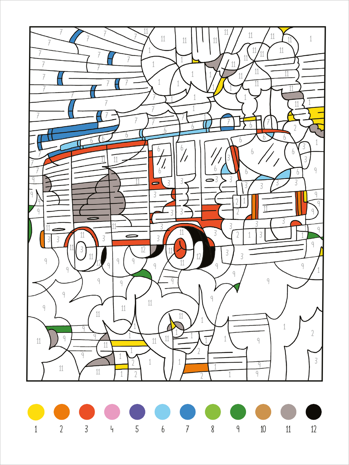 Gezeigt wird eine Innen- oder Zusatzansicht von „Mein dickes Malen-nach-Zahlen-Buch – Fahrzeuge“. Die Abbildung zeigt ein Feuerwehrfahrzeug in einem dynamischen, detaillierten Umfeld. Das Fahrzeug ist in leuchtendem Rot mit grauen und schwarzen Akzenten gehalten. Umgeben von verschiedenen Formen und Wolken, die in hellen Farben skizziert sind, bleibt der Hintergrund einfach und klar, wodurch der Fokus auf das Fahrzeug gelenkt wird. Die Typografie besteht aus nummerierten Farbcodes zur...