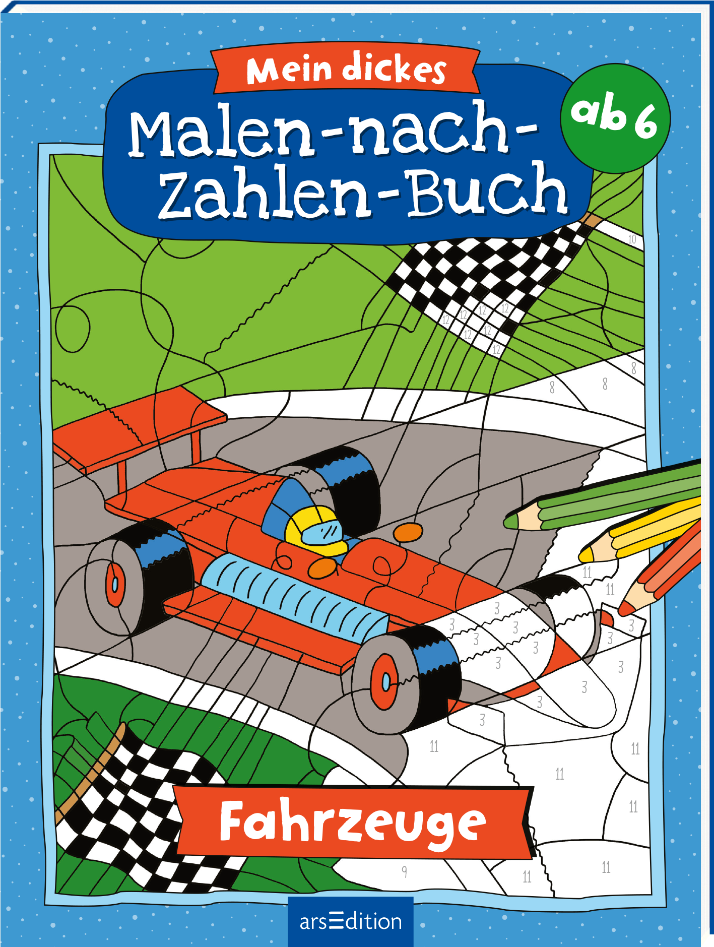 Das Buchcover zeigt ein farbenfrohes und verspieltes Design. Im Vordergrund befindet sich ein rot-blauer Rennwagen, umgeben von verschiedenen Farbstiften. Der Hintergrund ist grün mit einer gepunkteten Einfassung, während schwarz-weiße Schnürbandflaggen sichtbar sind. Oben mittig steht in blauer Schrift „Mein dickes Malen-nach-Zahlen-Buch“, darunter der Zusatz „ab 6“. Ganz unten mittig steht der Logoschriftzug von arsEdition.
