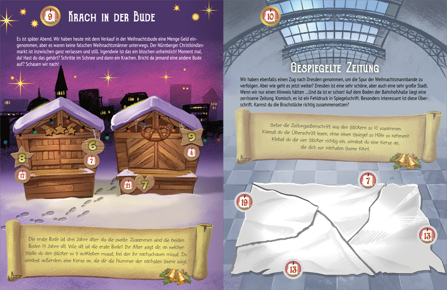 Gezeigt wird eine Innen- oder Zusatzansicht von „Escape-Stickerbuch – Adventskalender – Das Versteck in den Bergen“. Auf der linken Seite sind zwei Weihnachtsstände in hellen Farben mit schneebedeckten Dächern abgebildet, während im Hintergrund ein lila Himmel mit sternenartigen Elementen zu sehen ist. Die rechte Seite zeigt eine zerknitterte Zeitung auf einem hellen Hintergrund. Die Typografie ist klar und gut lesbar, mit einer Mischung aus verspielten und klassischen Schriftarten.