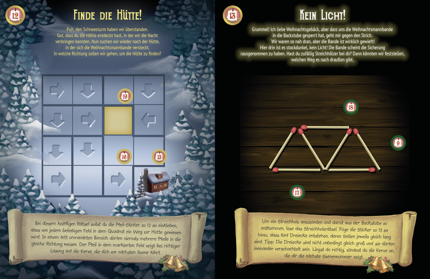 Gezeigt wird eine Innen- oder Zusatzansicht von „Escape-Stickerbuch – Adventskalender – Das Versteck in den Bergen“. Die Seite ist in zwei Hälften unterteilt. Links befindet sich ein rätselhafter Spielbereich mit einer hellen, eisblauen Farbpalette und einem Holzhaus, umgeben von schneebedeckten Bergen. Rechts ist eine dunklere Holzoberfläche mit einem weiteren Rätsel, umrahmt von festlichen Dekorelementen. Die Schrift ist freundlich und gut lesbar, in einer festlichen Typografie...