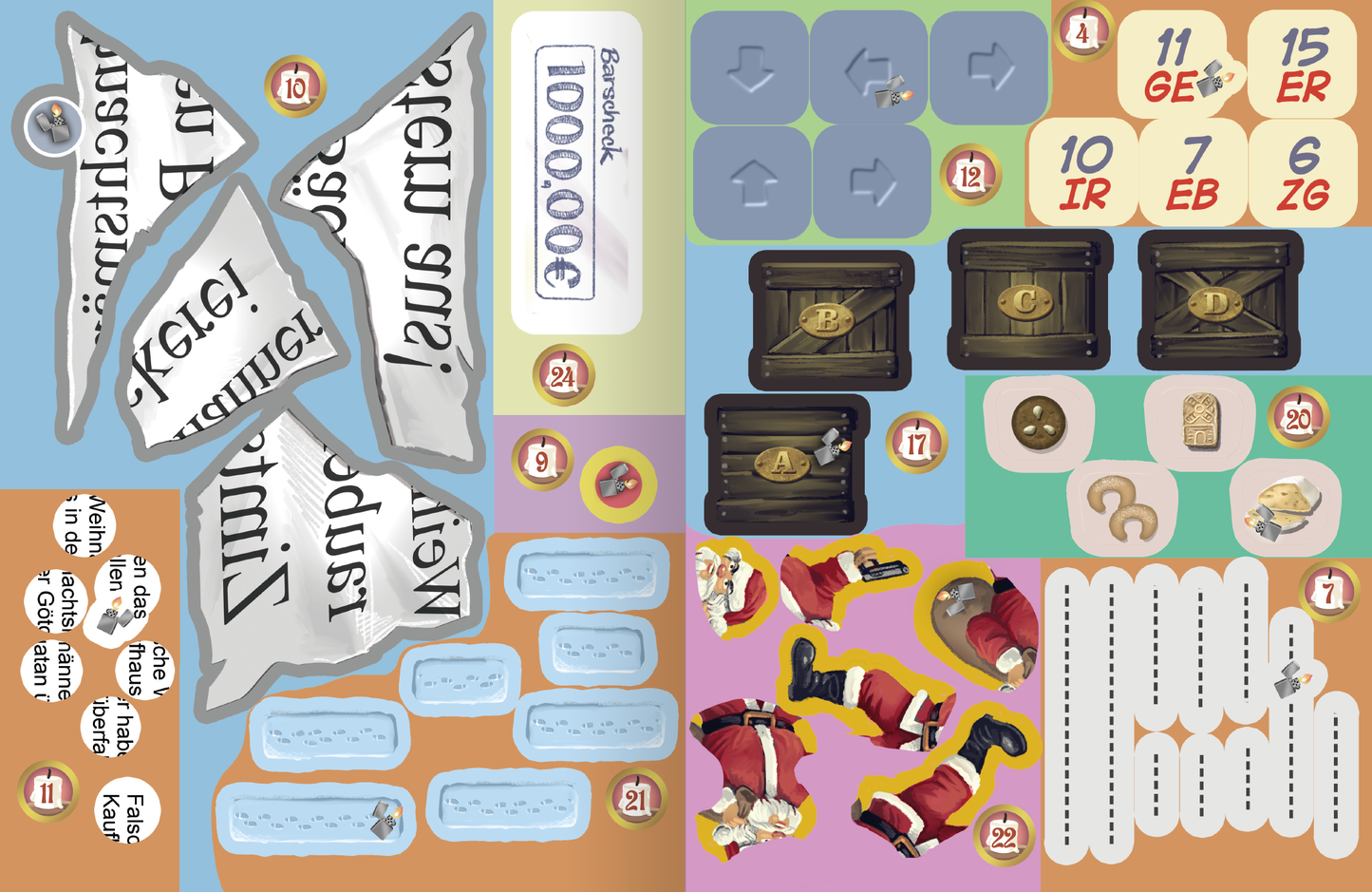 Gezeigt wird eine Innen- oder Zusatzansicht von „Escape-Stickerbuch – Adventskalender – Das Versteck in den Bergen“. Die Ansicht präsentiert bunte Aufkleber und Spielkarten auf einem hellen Hintergrund. Zentrale Elemente sind Grafiken in Form von Puzzlestücken, geheimen Fächern und verschiedenen Figuren, die in den Farben Blau, Beige, Rot und Lila gestaltet sind. Die Typografie ist verspielt und einladend, mit klarer Lesbarkeit für alle Altersgruppen und gut erkennbaren Symbolen.