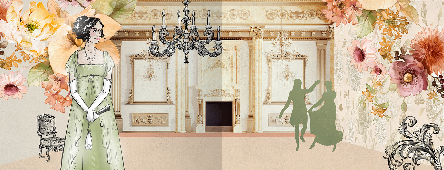 Gezeigt wird eine Innen- oder Zusatzansicht von „Ein Earl zum Verlieben“. Die Illustration zeigt einen eleganten Raum im klassizistischen Stil mit zarten, pastellfarbenen Wänden und üppigen floralen Verzierungen. In der linken Bildhälfte steht eine Frau in einem grünen Kleid, während auf der rechten Seite tanzende Silhouetten erkennbar sind. Ein Kristalllüster hängt von der Decke und verleiht der Szene einen Hauch von Luxus. Die Typografie ist elegant und vermittelt einen...