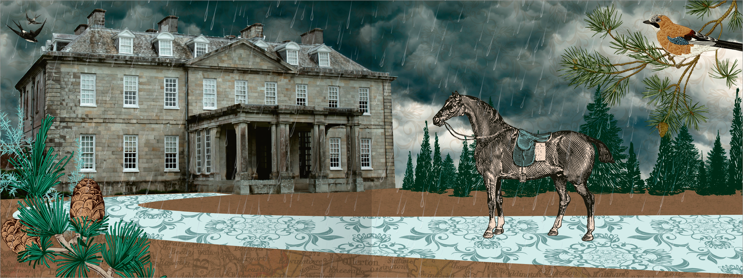 Gezeigt wird eine Innen- oder Zusatzansicht von „Ein Earl zum Verlieben“. Die Illustration zeigt ein imposantes, zweigeschossiges Herrenhaus im klassischen Stil, unter einem dramatisch grauen Himmel mit Regentropfen. Im Vordergrund steht ein stilisierter, brauner Pferd mit Zaumzeug, auf einem geschwungenen Weg aus hellblauem Muster. Grün getönte Baumearbeiten und waldähnliche Elemente umrahmen die Szene, die eine melancholische, aber romantische Stimmung erzeugt. Die Typografie fällt...