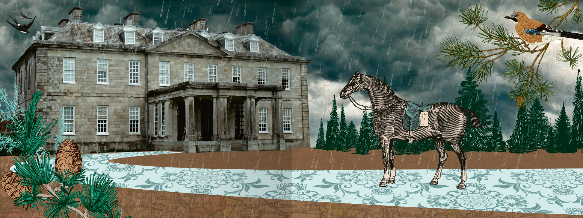 Gezeigt wird eine Innen- oder Zusatzansicht von „Ein Earl zum Verlieben“. Die Illustration zeigt ein imposantes, zweigeschossiges Herrenhaus im klassischen Stil, unter einem dramatisch grauen Himmel mit Regentropfen. Im Vordergrund steht ein stilisierter, brauner Pferd mit Zaumzeug, auf einem geschwungenen Weg aus hellblauem Muster. Grün getönte Baumearbeiten und waldähnliche Elemente umrahmen die Szene, die eine melancholische, aber romantische Stimmung erzeugt. Die Typografie fällt...