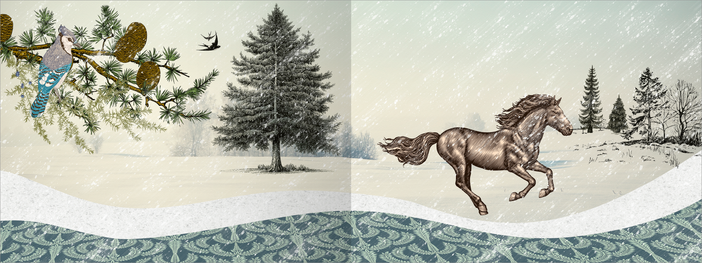 Gezeigt wird eine Innen- oder Zusatzansicht von „Ein Earl zum Verlieben“. Die Illustration präsentiert eine winterliche Landschaft mit einem schneebedeckten Hintergrund. Auf der linken Seite ist ein Tannenbaum und ein farbenfroher Vogel abgebildet, während rechts ein elegantes Pferd über den Schnee galoppiert. Farbtöne von Blau, Weiß und dezente Erdtöne dominieren die Szene, ergänzt durch eine stilisierte, geschwungene Musterung am unteren Rand. Die Schrift ist elegant und gut lesbar.