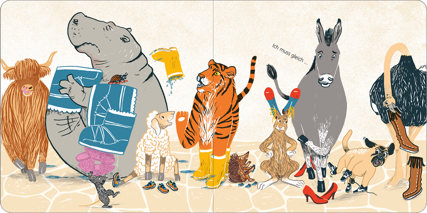 Gezeigt wird eine Innen- oder Zusatzansicht von „Sooo viele Schuhe!“. Die Illustration zeigt verschiedene Tiere, darunter ein Nilpferd, einen Tiger, und ein Esel, die bunte und verschiedene Schuhe tragen. Die Farben sind lebhaft und vielfältig, wobei Gelb, Rot und Blau dominieren. Die Typografie ist verspielt und fröhlich, mit handschriftlichen Elementen, die den Text „Ich muss gehen“ hervorheben. Der Hintergrund ist hell und einfarbig, was die Zeichnungen lebendig erscheinen lässt.