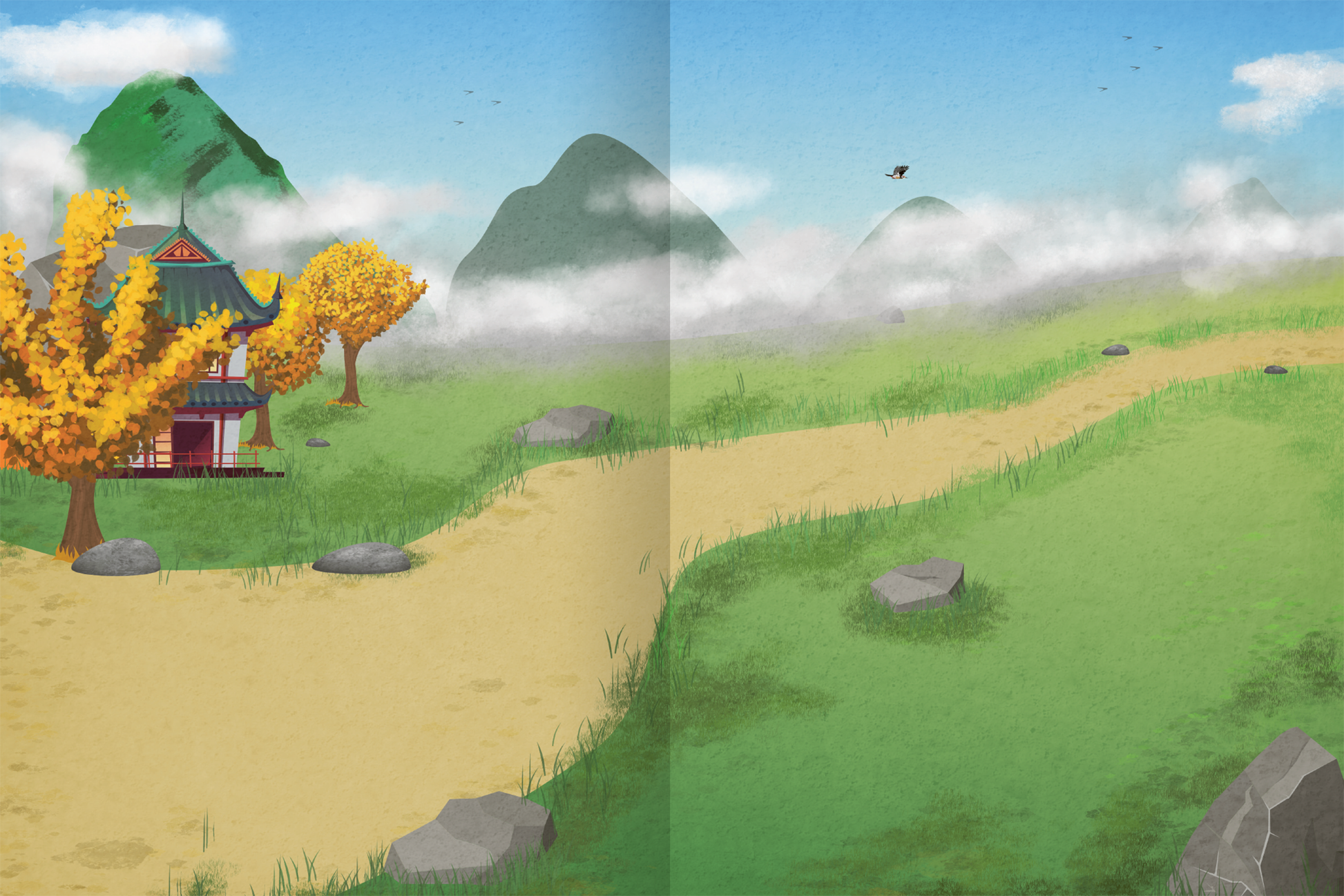 Gezeigt wird eine Innen- oder Zusatzansicht von „Mein Ninja-Stickerbuch“. Die Illustration zeigt eine malerische Landschaft mit sanften, grünen Hügeln und einem verschlungenen Weg, der durch die Szene führt. Links ist ein traditionelles, rot-weißes Gebäude mit einem geschwungenen Dach und leuchtend gelben Bäumen. Der Himmel ist hellblau mit einigen Wolken, und im Hintergrund sind schemenhafte Berge zu sehen. Natürliche Steine sind im Vordergrund verteilt, was das Spiel mit den Farben...